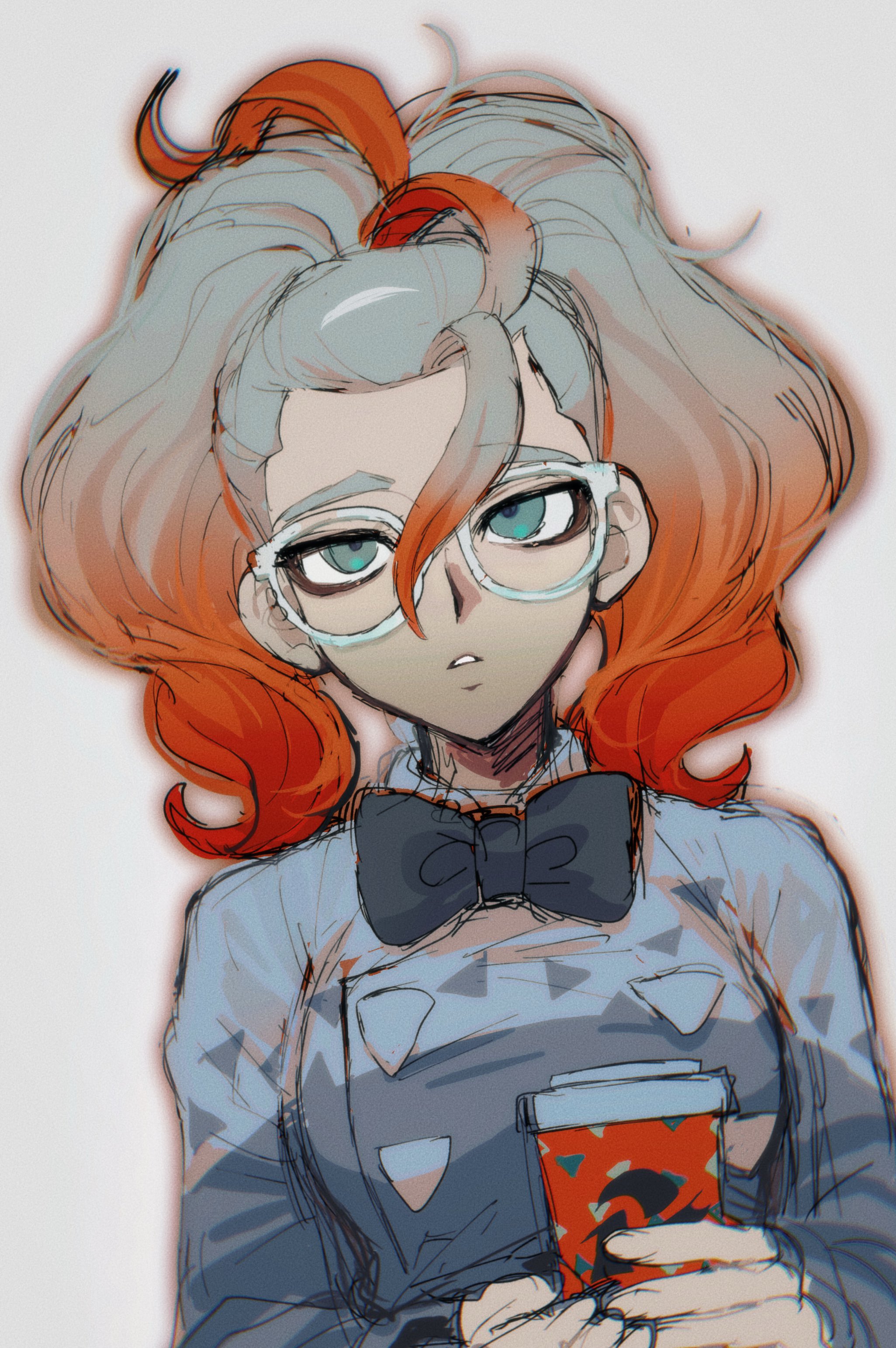 thxzmgn, nintendo, pokemon, pokemon legends: z-a, absurdres, commentary request, highres, 1girl, black bow, black bowtie, bow, bowtie, cup, disposable coffee cup, disposable cup, glasses, green eyes, grey shirt, griselle (pokemon), hair between eyes, holding, holding cup, long hair, long sleeves, looking up, multicolored hair, parted lips, shirt, solo, two-tone hair, upper body, white-framed eyewear