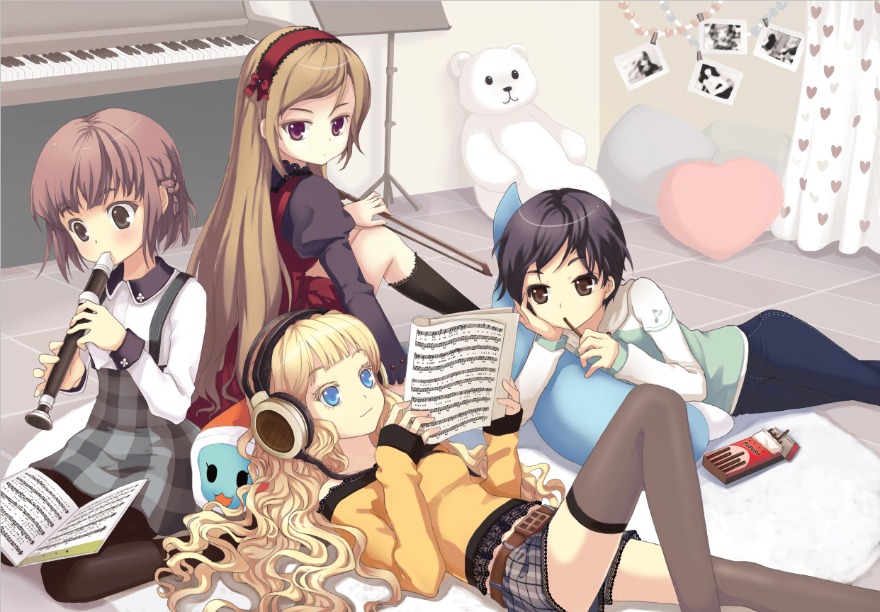 juke, original, bad id, bad pixiv id, 4girls, black hair, blonde hair, blue eyes, bow (music), brown eyes, brown hair, child, colored eyelashes, denim, dress, flute, food, headband, headphones, holding flute, holding instrument, instrument, jeans, long hair, multiple girls, music stand, pants, piano, pocky, recorder, red eyes, red hair, sheet music, shirt, short hair, skirt, stuffed animal, stuffed toy, teddy bear, thighhighs, upright piano, wavy hair, zettai ryouiki