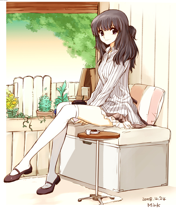 mirk, bad id, bad pixiv id, black hair, chair, coffee, desk, fence, flower, leaf, legs, long hair, plant, shirt, shoes, skirt, sky, solo, striped clothes, striped shirt, thighhighs, tree, white thighhighs, zettai ryouiki