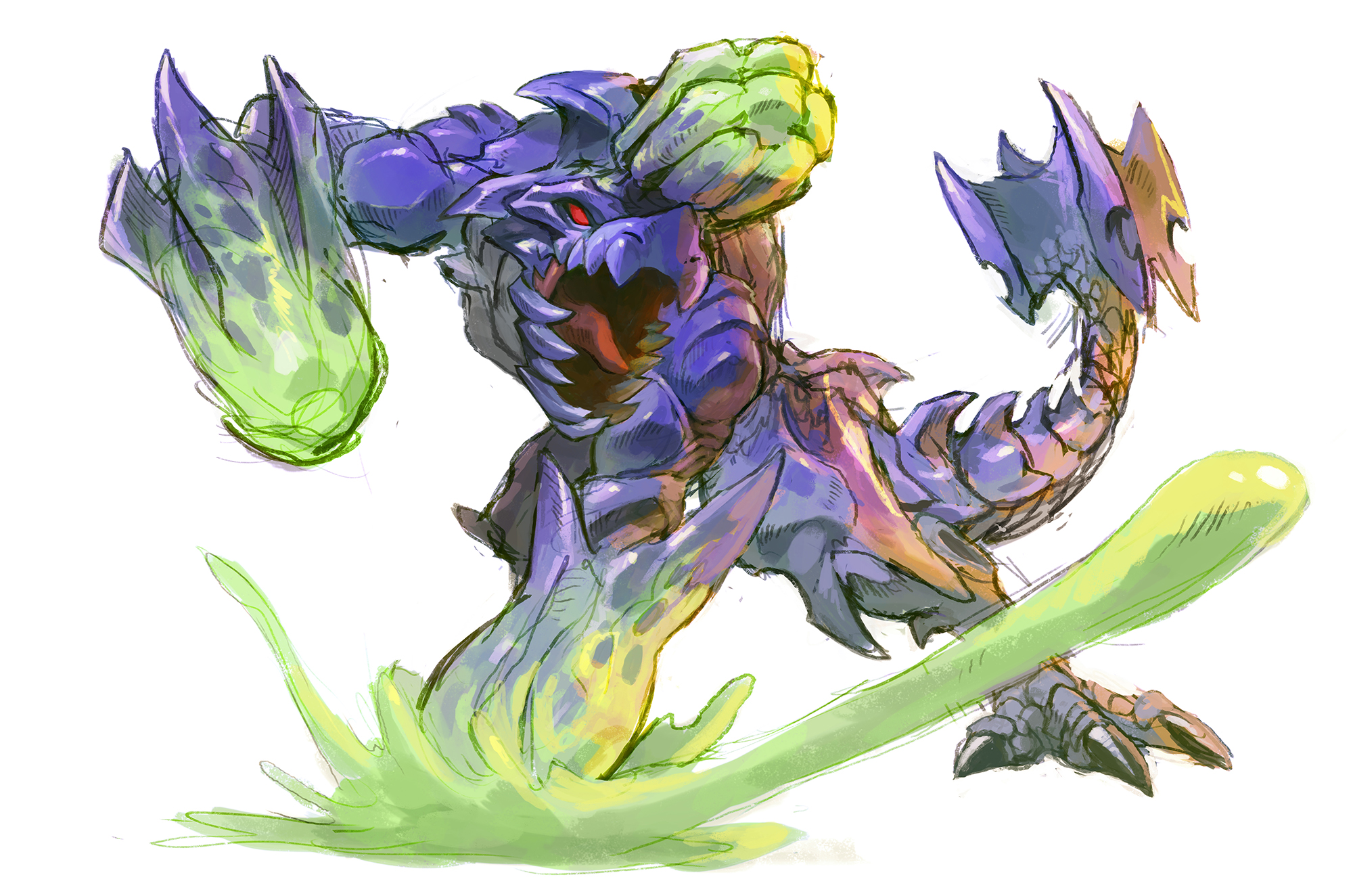 garrett hanna, brachydios, monster hunter (series), highres, blue scales, horns, monster, monster focus, no humans, open mouth, red eyes, scales, sharp teeth, single horn, slime (substance), solid eye, solo, spiked tail, tail, teeth, white background