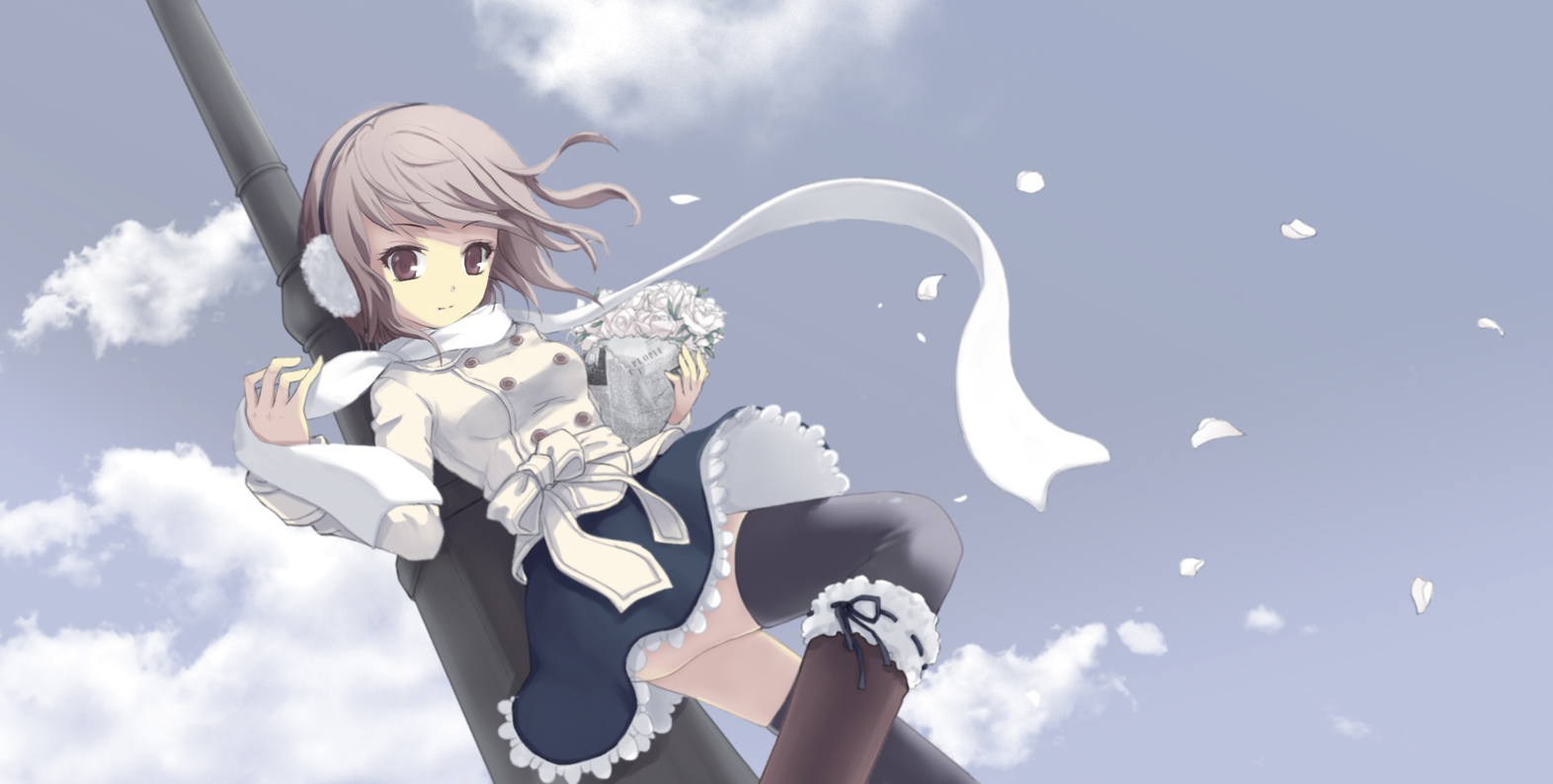 juke, original, bad id, bad pixiv id, 1girl, boots, bow, bowtie, brown eyes, cloud, coat, day, earmuffs, female focus, flower, from below, grey hair, looking down, petals, scarf, short hair, skirt, sky, solo, thighhighs, wind, zettai ryouiki