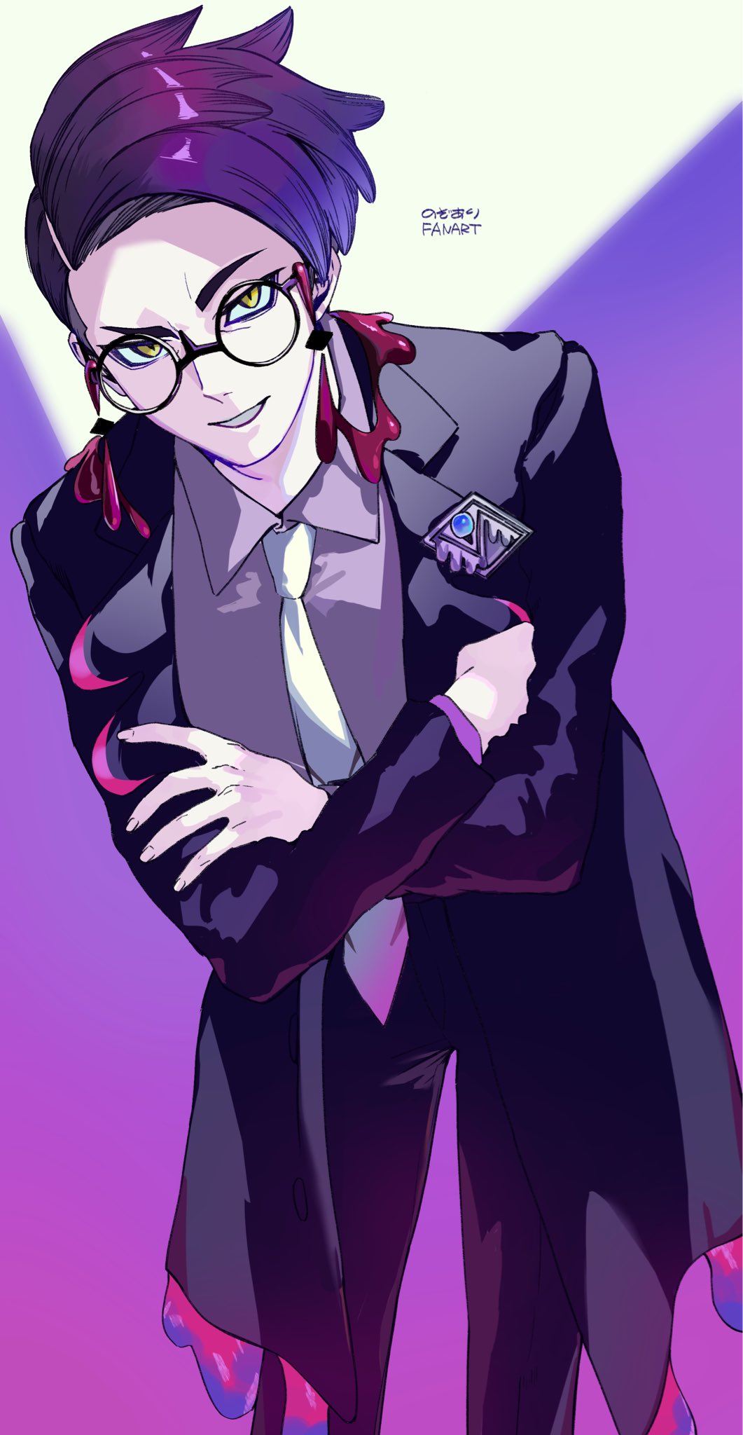 valentine (02140314c), corbeau (pokemon), nintendo, pokemon, pokemon legends: z-a, commentary request, highres, 1boy, black coat, black pants, coat, collared shirt, crossed arms, glasses, grin, long sleeves, looking at viewer, male focus, necktie, open clothes, open coat, pants, round eyewear, shirt, short hair, signature, smile, solo, teeth, white necktie, yellow eyes