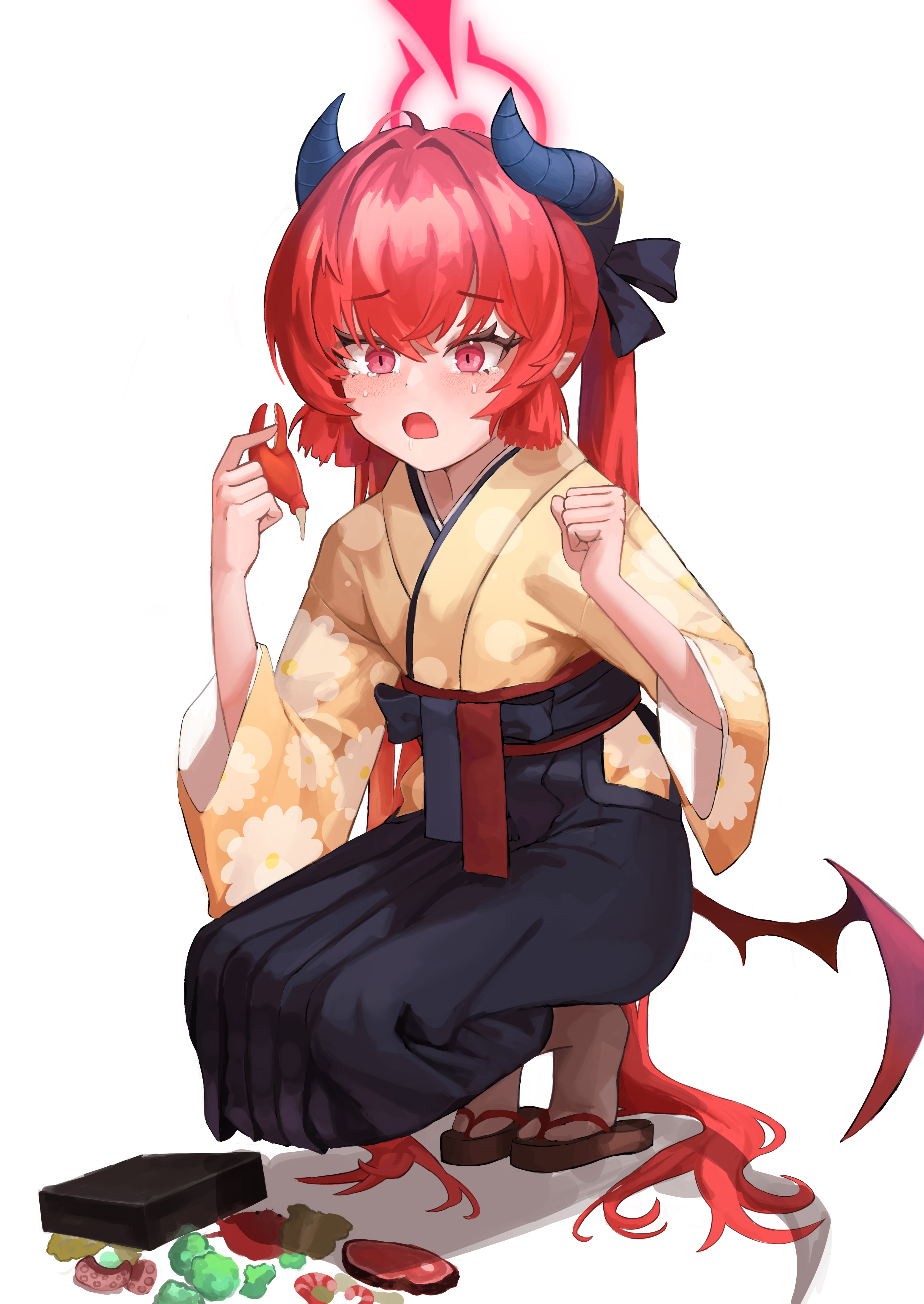 juice gukbap, junko (blue archive), junko (new year) (blue archive), blue archive, absurdres, commentary request, highres, korean commentary, 1girl, :o, ahoge, black bow, black hakama, black horns, blunt bangs, blush, bow, clenched hand, crying, crying with eyes open, demon girl, demon horns, demon wings, floral print, floral print kimono, food, full body, hair bow, hair intakes, hakama, hakama skirt, halo, hands up, holding, holding food, horns, japanese clothes, juubako, kimono, long sleeves, looking at food, low wings, official alternate costume, open mouth, pointy ears, print kimono, red eyes, red hair, red halo, sidelocks, simple background, skirt, slit pupils, squatting, tabi, tears, tiptoes, white background, wide sleeves, wings, yellow kimono
