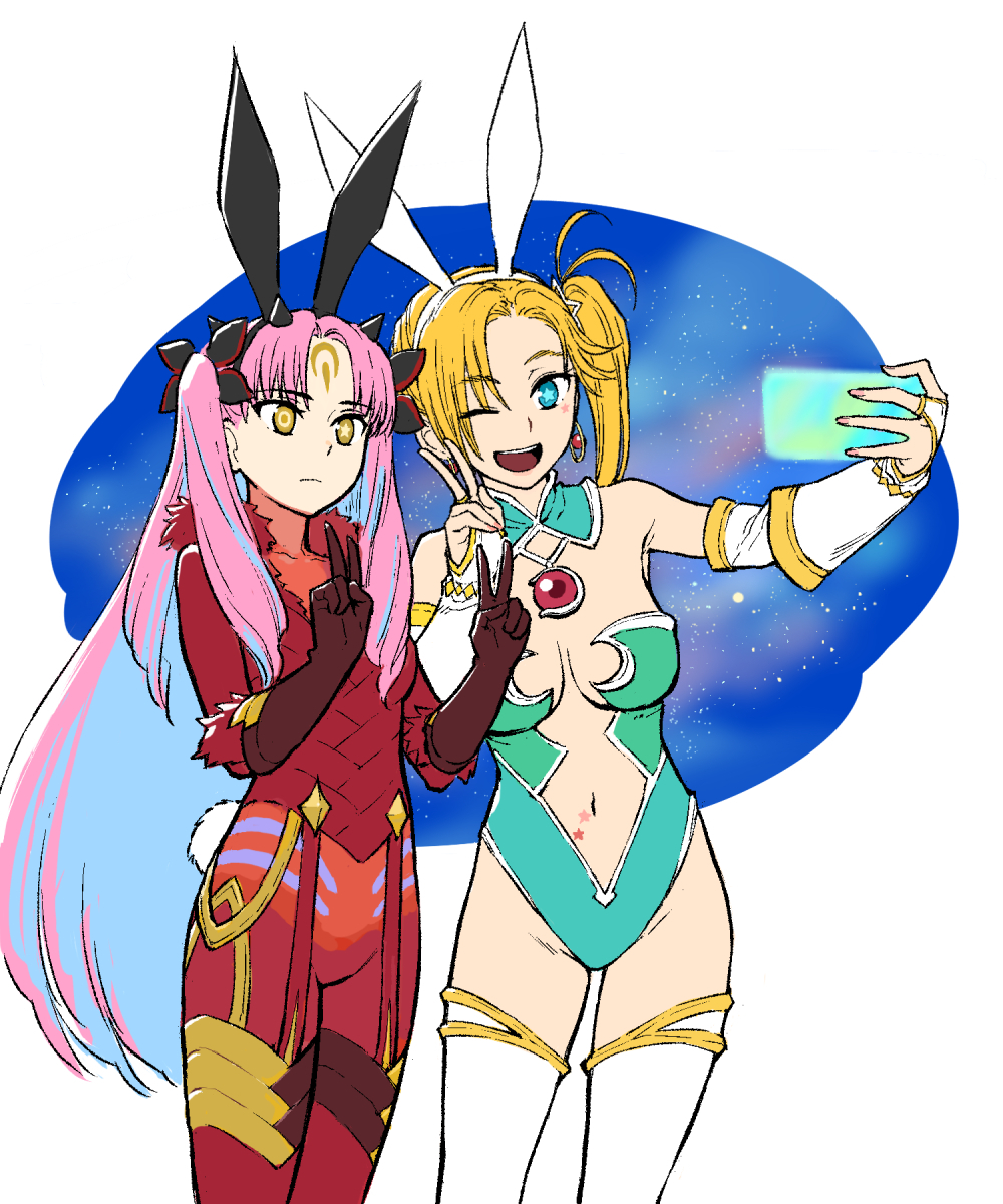 b suke, calamity jane (fate), calamity jane (third ascension) (fate), ishtar (fate), space ishtar (fate), space ishtar (third ascension) (fate), fate/grand order, fate (series), commentary request, highres, official art, 2girls, animal ear hairband, animal ears, blonde hair, blue hair, bodysuit, breasts, cellphone, colored inner hair, double v, expressionless, facial mark, fake animal ears, fake tail, forehead mark, galaxy, green leotard, hairband, holding, holding phone, large breasts, leotard, long hair, looking at phone, medium breasts, multicolored hair, multiple girls, navel, official artist extra, one eye closed, phone, pink hair, rabbit ears, rabbit tail, red bodysuit, selfie, side ponytail, smartphone, smile, star-shaped pupils, star (symbol), strapless, strapless leotard, symbol-shaped pupils, tail, thick thighs, thighs, two-tone hair, two side up, v, white background