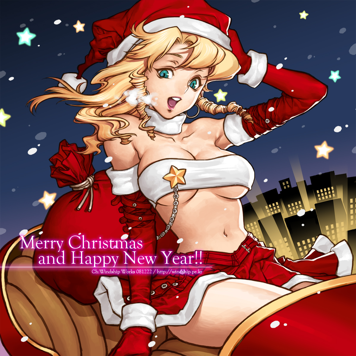 windship, highres, 1girl, blonde hair, breasts, city, cleavage, drill hair, female focus, green eyes, large breasts, long hair, night, santa costume, skirt, snow, solo, star (symbol), underboob