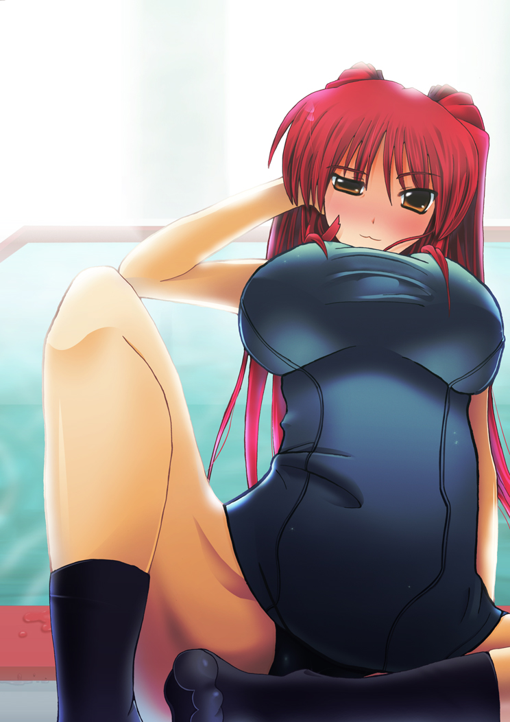 shadoued, kousaka tamaki, to heart (series), to heart 2, 00s, 1girl, arm up, black socks, blush, breasts, brown eyes, female focus, half-closed eye, kneehighs, large breasts, leg up, long hair, looking at viewer, one-piece swimsuit, raised eyebrow, red hair, school swimsuit, socks, solo, swimsuit, uneven eyes