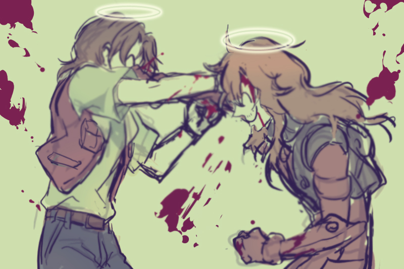 sauna (sauna d), ali al-saachez, neil dylandy, gundam, gundam 00, bad id, bad pixiv id, 00s, 2boys, blood, death, false smile, halo, injury, male focus, multiple boys, smile