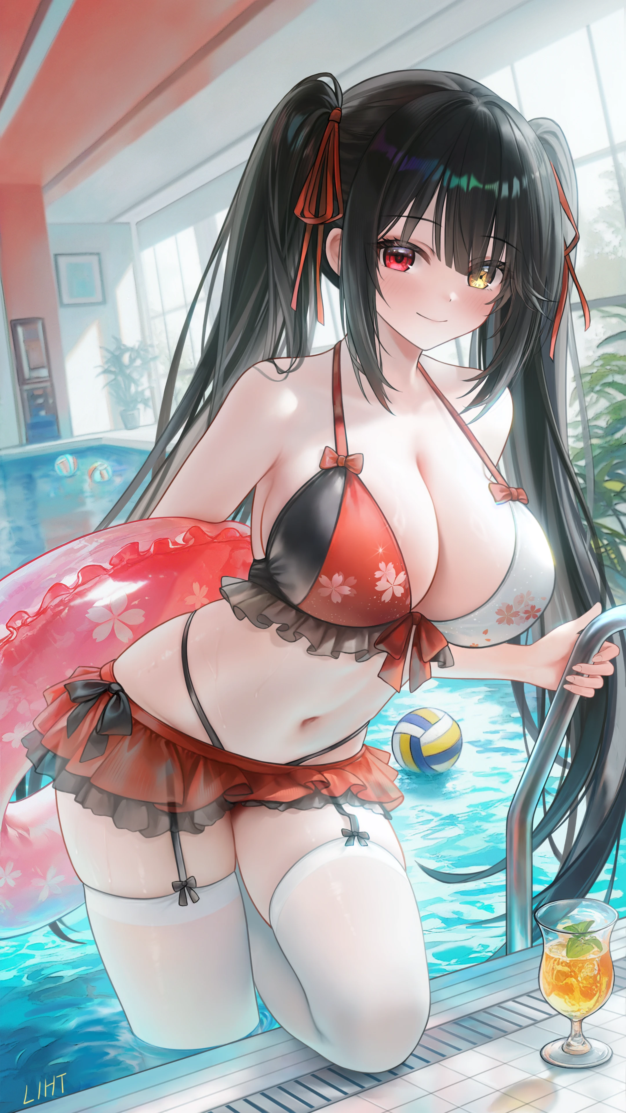 liht, tokisaki kurumi, date a live, absurdres, chinese commentary, commentary request, highres, 1girl, artist name, ball, bare shoulders, bikini, bikini skirt, black hair, blunt bangs, blush, breasts, ceiling, cleavage, clock eyes, closed mouth, collarbone, cup, day, drinking glass, dutch angle, frilled bikini, frilled innertube, frills, front-tie bikini top, front-tie top, garter straps, hair between eyes, hair ribbon, heterochromia, indoors, innertube, juice, large breasts, long hair, looking at viewer, microskirt, mint, multi-strapped bikini bottom, multicolored bikini, navel, picture frame, plant, pool, pool ladder, poolside, potted plant, red bikini, red hair, red ribbon, ribbon, sidelocks, skirt, smile, soaking feet, solo, stomach, swim ring, swimsuit, symbol-shaped pupils, thighhighs, thighs, tile floor, tiles, twintails, two-tone bikini, very long hair, volleyball, water, wet, white thighhighs, window, yellow eyes