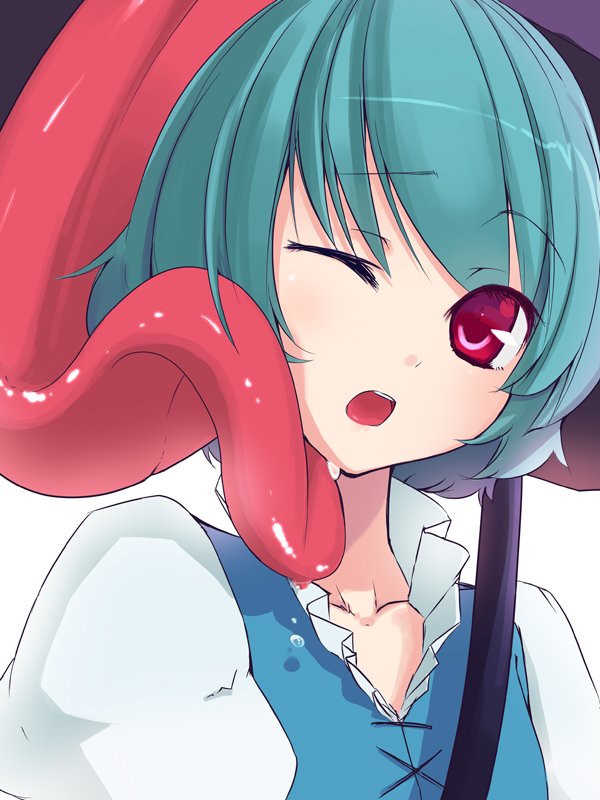 muranisaki, tatara kogasa, touhou, bad id, bad pixiv id, 1girl, :o, blue hair, female focus, green hair, huge tongue, karakasa obake, licking, oil-paper umbrella, one eye closed, red eyes, saliva, solo, tongue, umbrella, upper body, wink