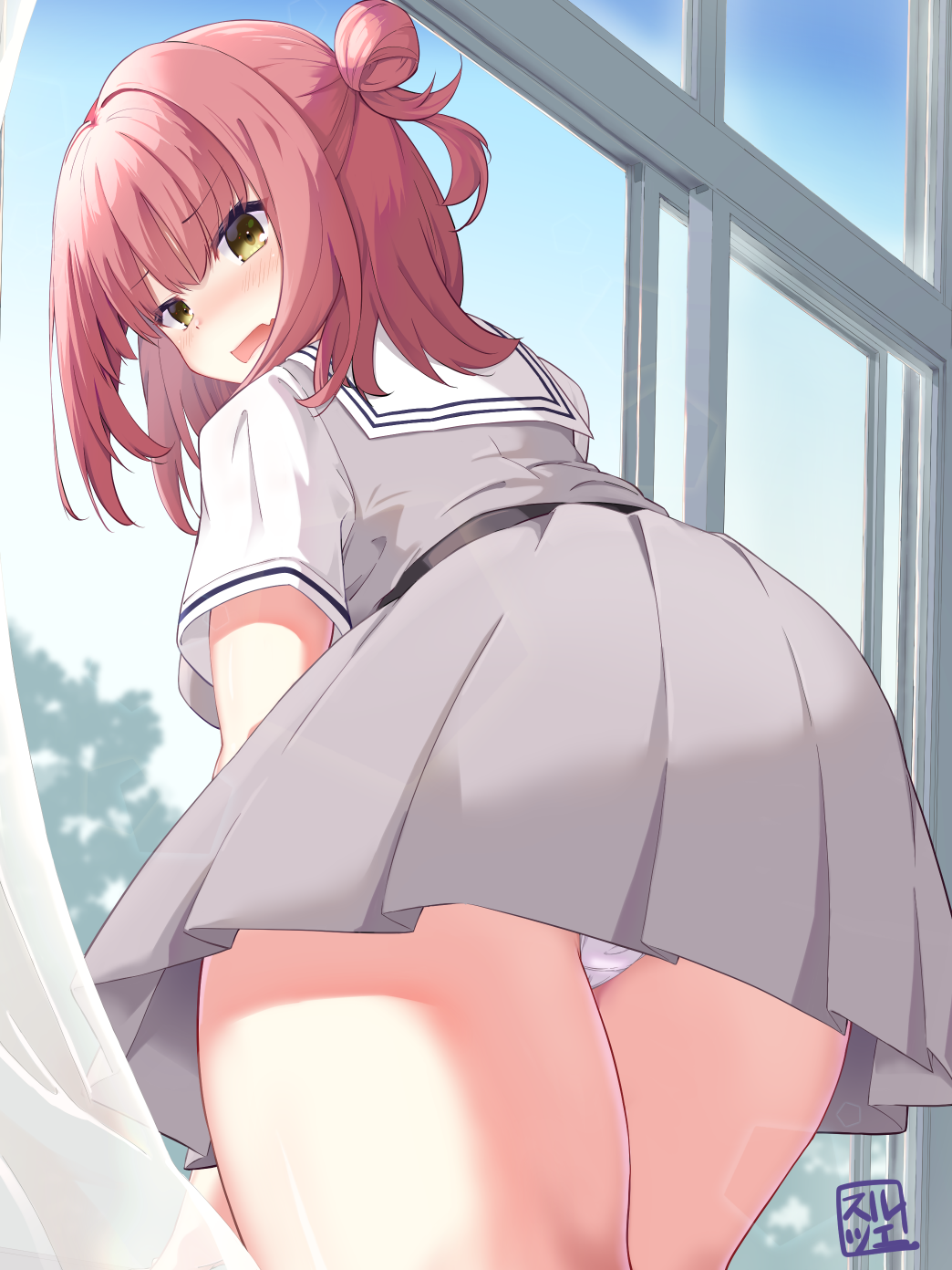tsue (surutsue), limelight lemonade jam, commentary request, highres, 1girl, ass, belt, black belt, blush, cowboy shot, day, dress, embarrassed, eyes visible through hair, fang, foreshortening, from behind, furrowed brow, futamihara ririko, grey dress, hair between eyes, hair bun, indoors, looking at viewer, looking back, medium hair, nose blush, one side up, open mouth, panties, pleated dress, sailor collar, school uniform, serafuku, shirt, signature, single side bun, skin fang, sleeveless, sleeveless dress, solo, thighs, underwear, white panties, white sailor collar, white shirt, window, yellow eyes