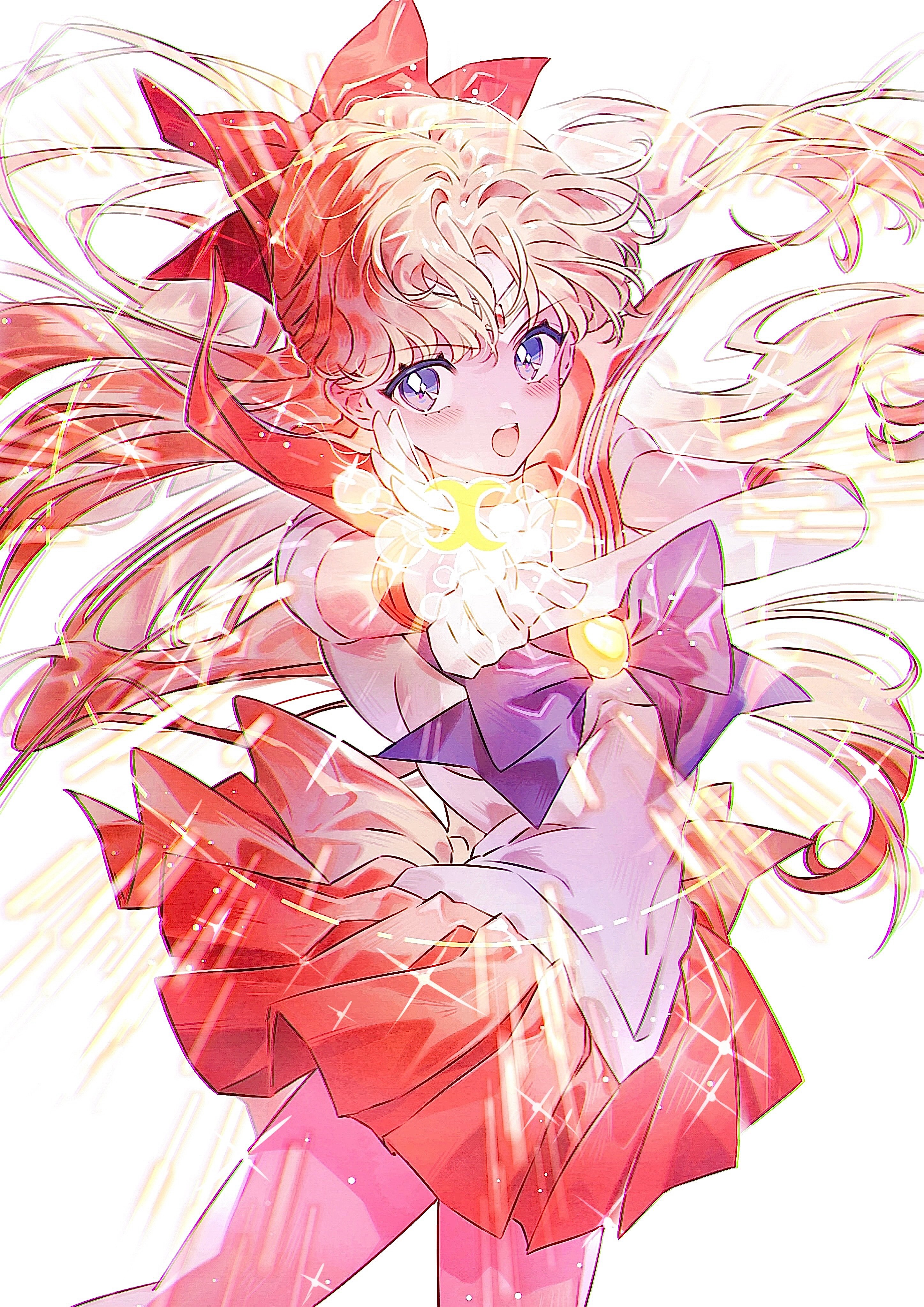 hn sit, aino minako, sailor venus, bishoujo senshi sailor moon, absurdres, highres, 1girl, blonde hair, blue eyes, bow, choker, covered navel, earrings, elbow gloves, gloves, hair bow, jewelry, long hair, magical girl, orange sailor collar, orange skirt, pleated skirt, red bow, sailor collar, sailor senshi uniform, simple background, skirt, smile, solo, stud earrings, v-shaped eyebrows, white background, white gloves