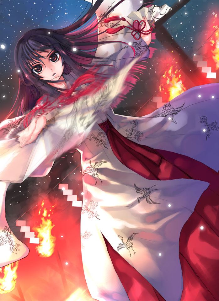 komapi, 1girl, bird, brown eyes, brown hair, crane (animal), dutch angle, female focus, fire, folding fan, gohei, hand fan, japanese clothes, long hair, miko, night, snow, solo