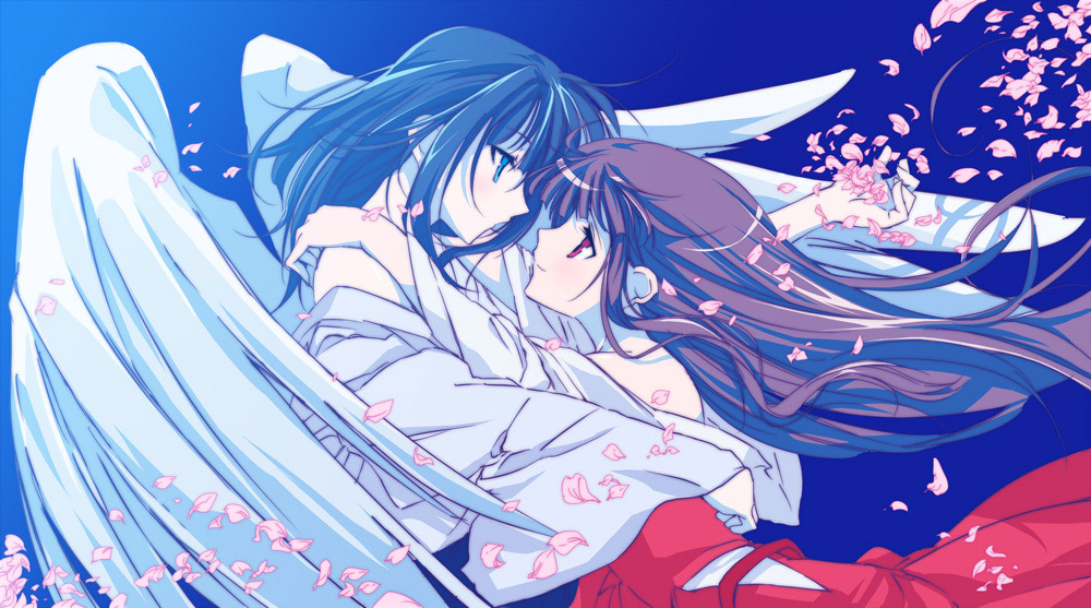hattori masahiko, konoe konoka, sakurazaki setsuna, kannazuki no miko, mahou sensei negima!, bad id, bad pixiv id, 2girls, black hair, blue eyes, blunt bangs, brown hair, cherry blossoms, couple, hime cut, hug, long hair, miko embrace, multiple girls, parody, petals, red eyes, wings, yuri