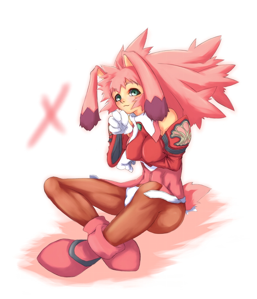 splatlese, seraphita, seraphita (xenogears), xenogears, bad id, bad pixiv id, 1girl, animal ears, bare shoulders, breasts, covered erect nipples, detached sleeves, female focus, green eyes, large breasts, long hair, pantyhose, pink hair, rabbit ears, solo