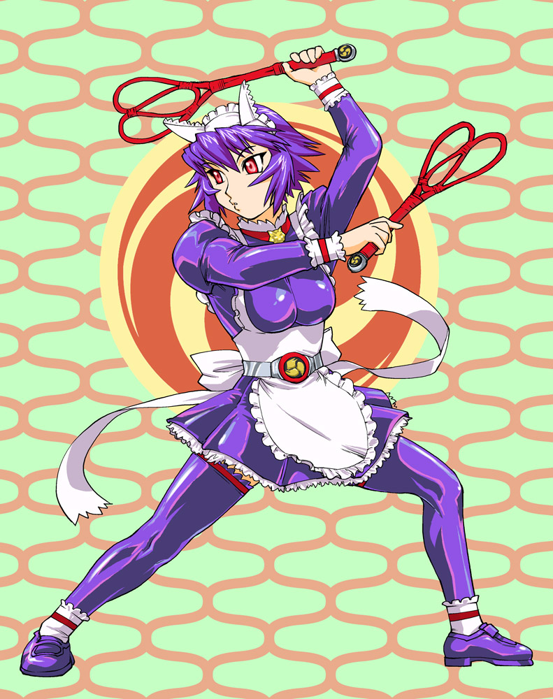 ueyama michirou, kamen rider hibiki, rider-tan, kamen rider, 1girl, apron, belt, female focus, full body, hairband, latex, maid, maid apron, red eyes, short hair, solo, standing, thighhighs