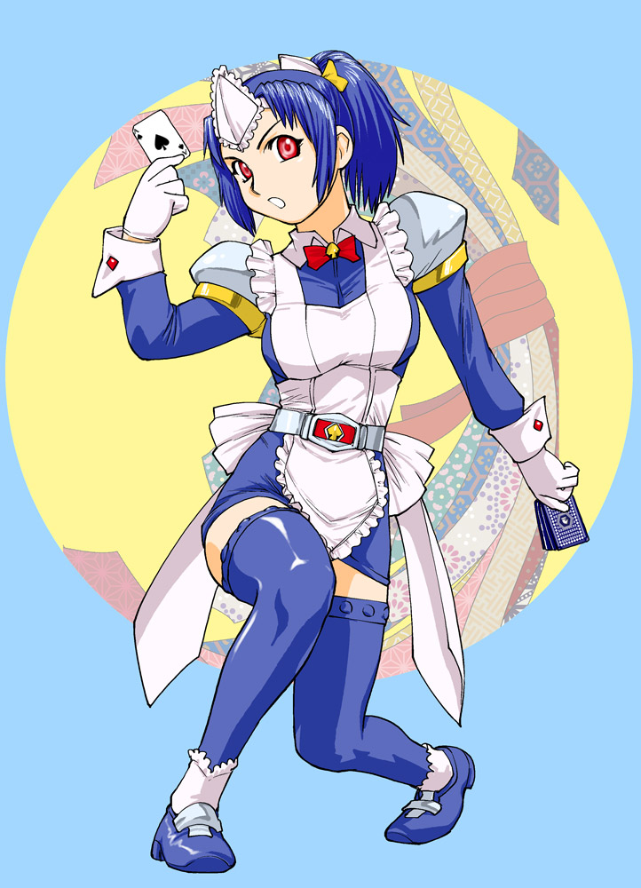 ueyama michirou, kamen rider blade, rider-tan, kamen rider, kamen rider blade (series), 1girl, apron, belt, blue hair, female focus, full body, gloves, red eyes, solo, standing, thighhighs