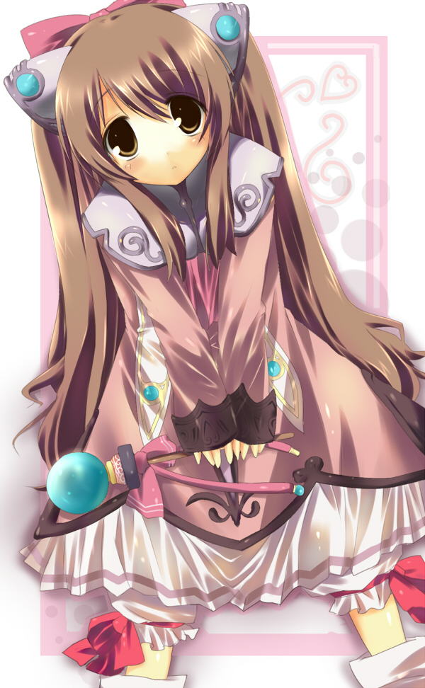 kinoko (hkn), lymle lemuri phi, star ocean, star ocean: the last hope, bad id, bad pixiv id, 1girl, bow, brown eyes, brown hair, child, dress, female focus, long hair, ribbon, solo, standing, twintails