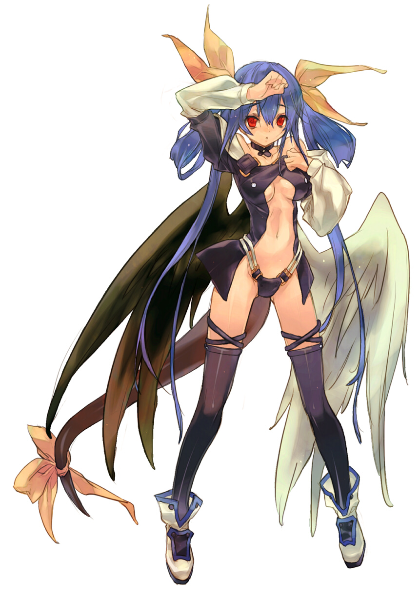 wanko (pixiv), wanko (takohati8), dizzy (guilty gear), arc system works, guilty gear, guilty gear x, guilty gear xx, highres, 1girl, asymmetrical wings, blue hair, bow, breasts, female focus, hair bow, long hair, midriff, navel, red eyes, ribbon, solo, tail, tail ornament, tail ribbon, thigh gap, thighhighs, thighs, underboob, wings
