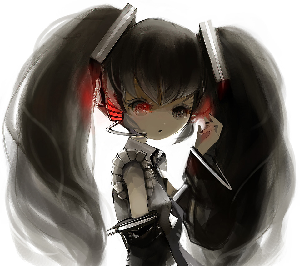 shirako mugi, hatsune miku, vocaloid, alternate color, grey hair, red eyes, twintails