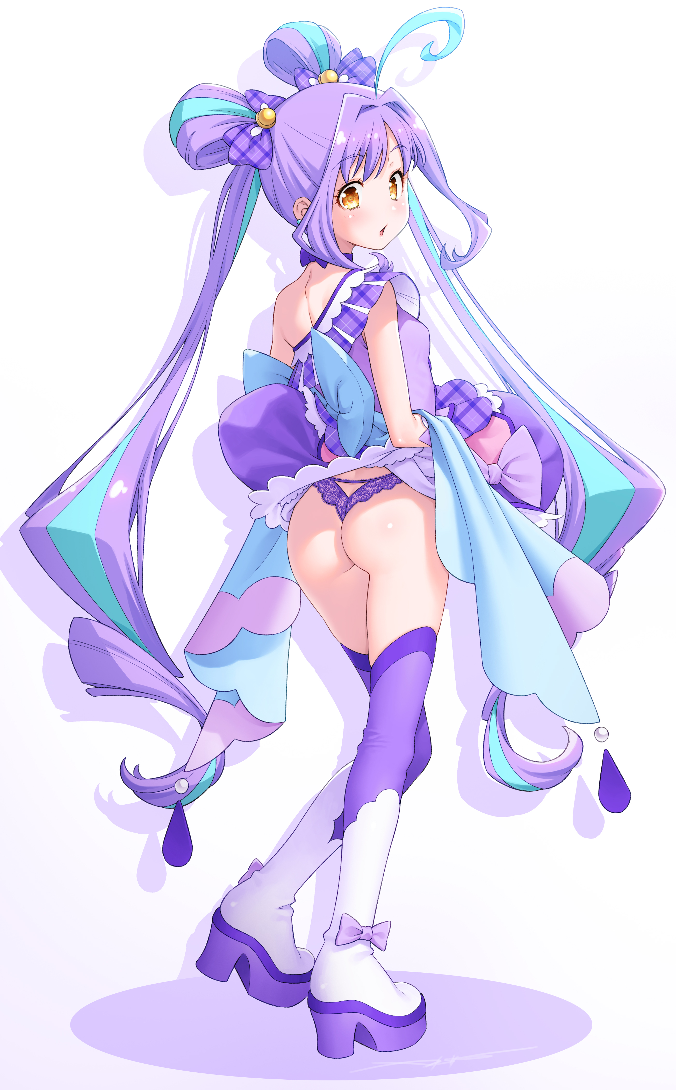 kazuma muramasa, cure kyunkyun, shigure kokoro, kimi to idol precure, precure, absurdres, highres, 1girl, ahoge, ass, blue hair, blush, boots, breasts, choker, clothes lift, dress, dress lift, full body, lace, lace panties, lifting own clothes, lingerie, long hair, looking at viewer, looking back, magical girl, multicolored hair, open mouth, orange eyes, panties, platform boots, purple hair, purple panties, small breasts, solo, thighhighs, twintails, two-tone hair, underwear, very long hair