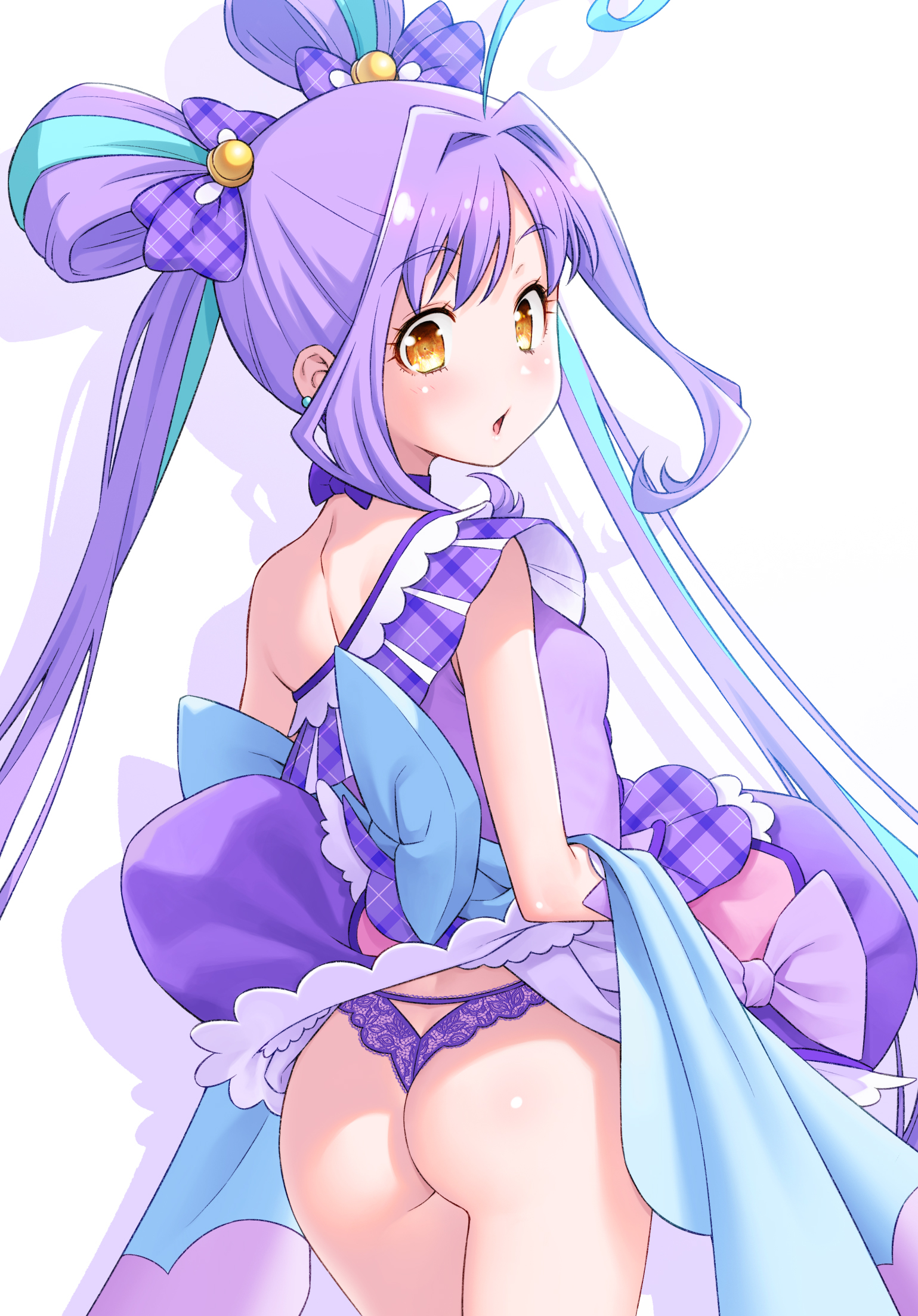 kazuma muramasa, cure kyunkyun, shigure kokoro, kimi to idol precure, precure, highres, 1girl, ahoge, ass, blue hair, blush, breasts, choker, clothes lift, dress, dress lift, lace, lace panties, lifting own clothes, lingerie, long hair, looking at viewer, looking back, magical girl, multicolored hair, open mouth, orange eyes, panties, purple hair, purple panties, small breasts, solo, twintails, two-tone hair, underwear, very long hair