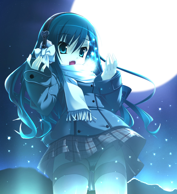 nekomu, source request, 1girl, blue eyes, earmuffs, female focus, long hair, long sleeves, moon, night, open mouth, panties, pantyshot, scarf, skirt, snow, solo, standing, thighhighs, underwear