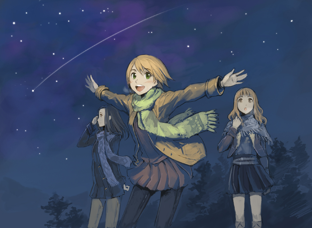 tko (artist), tko (kkk66), akeno mihoshi, makita hime, yarai sayo, sora no manimani, 00s, 3girls, black hair, boots, brown eyes, brown hair, coat, denim, green eyes, long hair, multiple girls, night, night sky, outstretched arms, pantyhose, scarf, shooting star, short hair, skirt, sky, spread arms, star (sky), star (symbol), starry sky