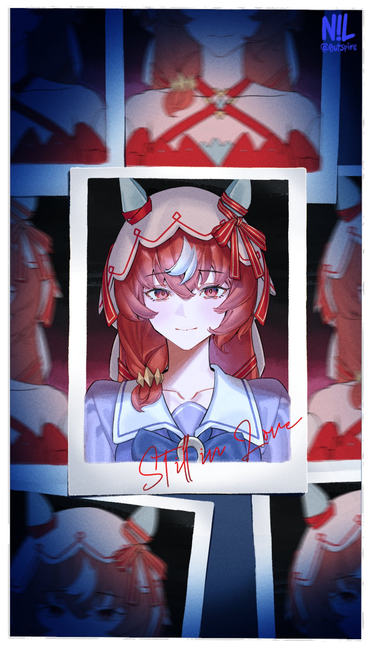 nillith, still in love (scarlet vow raiment) (umamusume), still in love (umamusume), umamusume, highres, 1girl, animal ears, bare shoulders, bow, bowtie, breasts, brown hair, closed mouth, collarbone, detached sleeves, dress, ear covers, ear ribbon, hair between eyes, hair ornament, horse ears, horse girl, long hair, looking at viewer, multicolored hair, photo (object), purple bow, purple bowtie, purple shirt, red dress, red eyes, sailor collar, sailor shirt, school uniform, shirt, smile, streaked hair, tracen school uniform, upper body, veil, white hair, white sailor collar, white veil