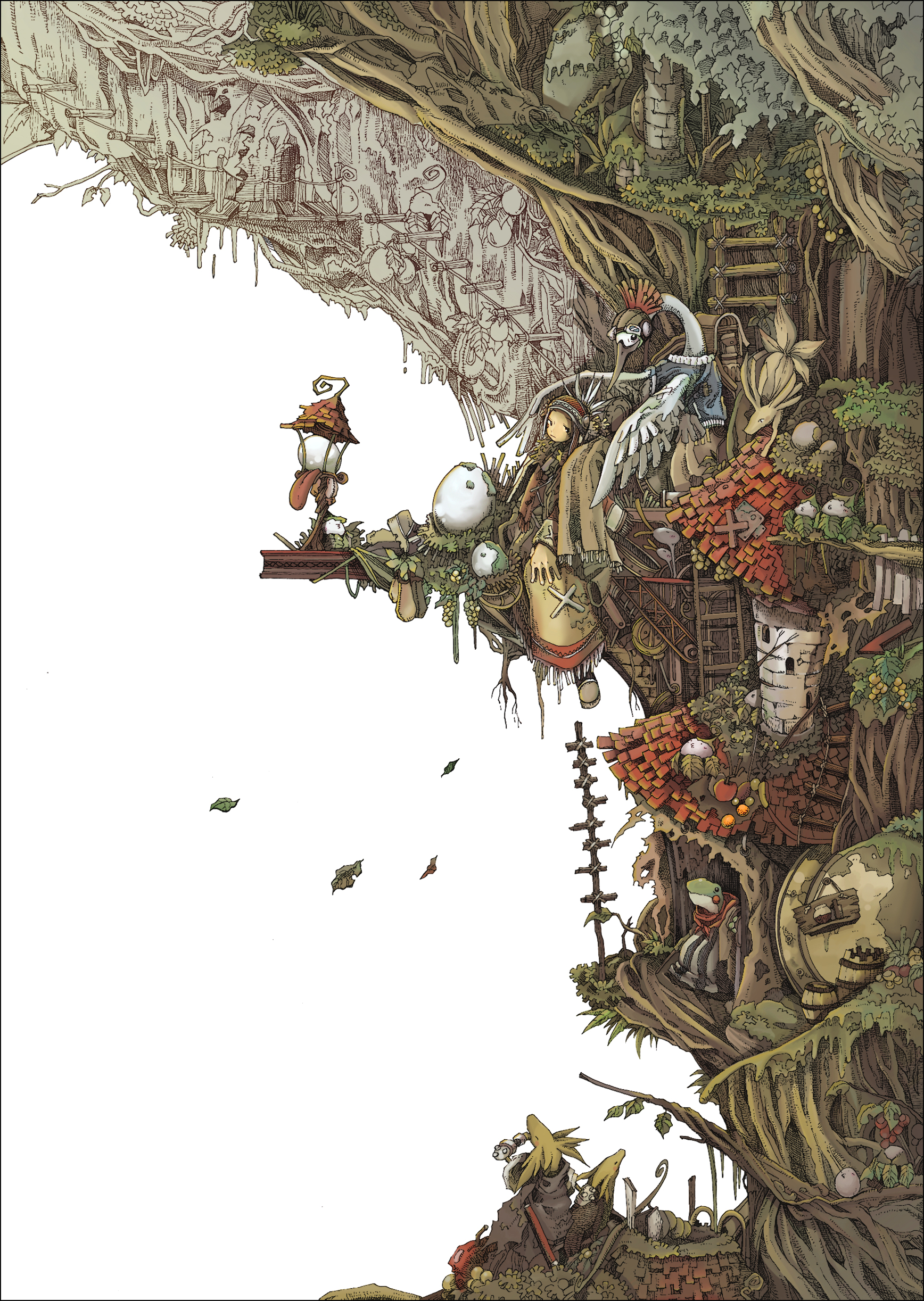 tomo (pixiv375141), tomo (yam88to10), original, absurdres, bad id, bad pixiv id, highres, bird, border, brown hair, egg, frog, ladder, nature, plant, stairs, tree