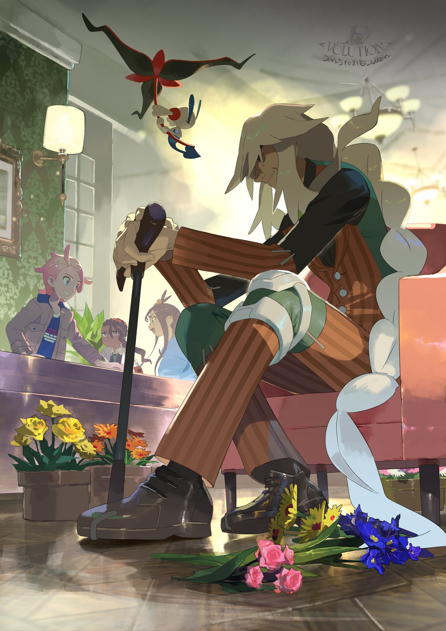 e volution, az (pokemon), floette, floette (eternal), lida (pokemon), naveen (pokemon), urbain (pokemon), nintendo, pokemon, pokemon legends: z-a, commentary request, highres, 1girl, 3boys, armchair, artist name, blue flower, blurry, brown pants, brown vest, cane, ceiling light, chair, closed mouth, dated, flower, flower pot, from below, gen 6 pokemon, holding, holding cane, indoors, long hair, long sleeves, multiple boys, orange flower, pants, pink flower, shirt, shoes, sitting, vest, watermark, yellow flower