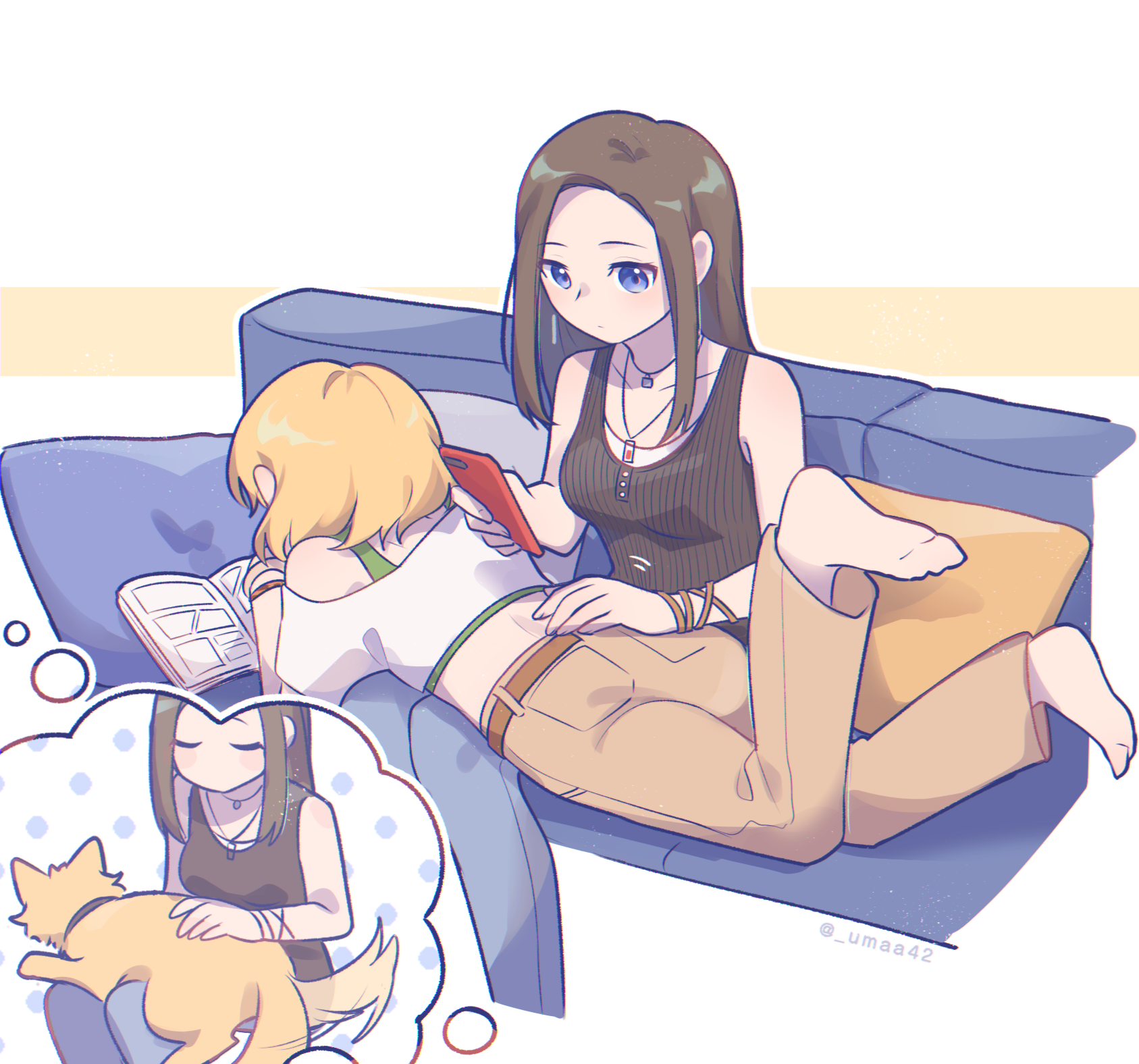 umaa42, sato masuki, wakana rei, bang dream!, commentary request, highres, 2girls, animalization, barefoot, belt, black shirt, blonde hair, blue eyes, blue pants, bracelet, brown belt, brown hair, brown pants, cellphone, closed eyes, closed mouth, collarbone, couch, cropped legs, cropped shirt, cushion, dog, dot mouth, elbow rest, facing object, fingernails, green shirt, hand on another's back, hand rest, hand up, holding, holding phone, image in thought bubble, jewelry, legs up, long hair, long sidelocks, looking at object, lying, lying on lap, manga (object), midriff, motion lines, multiple girls, off-shoulder shirt, off shoulder, on couch, on stomach, pants, pendant, phone, shirt, shirt under shirt, short hair, short sleeves, sidelocks, single off shoulder, sitting, sleeveless, sleeveless shirt, smartphone, speech bubble, tail, tail wagging, thought bubble, twitter username, yellow dog