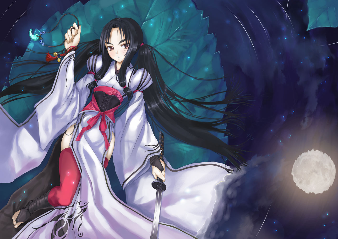 komapi, 1girl, black hair, brown eyes, cloud, female focus, japanese clothes, jewelry, katana, leaf, long hair, lying, moon, necklace, night, reflection, sky, solo, star (sky), star (symbol), starry sky, sword, thighhighs, water, weapon