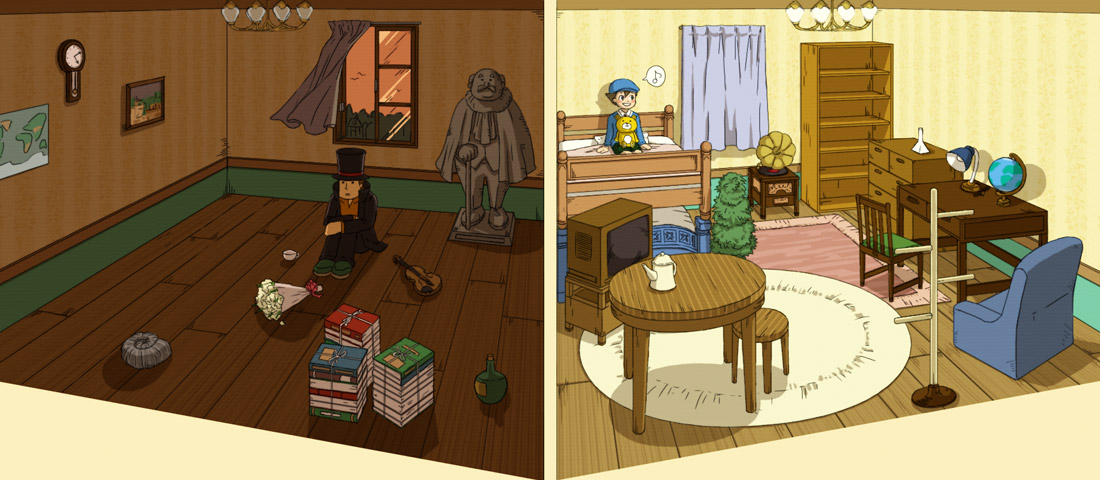 beri, hershel layton, luke triton, level-5, professor layton, 00s, 2boys, bed, book, brown hair, chair, child, clock, flower, gameplay mechanics, globe, hat, indoors, male focus, multiple boys, plant, room, shelf, statue, television, top hat, window