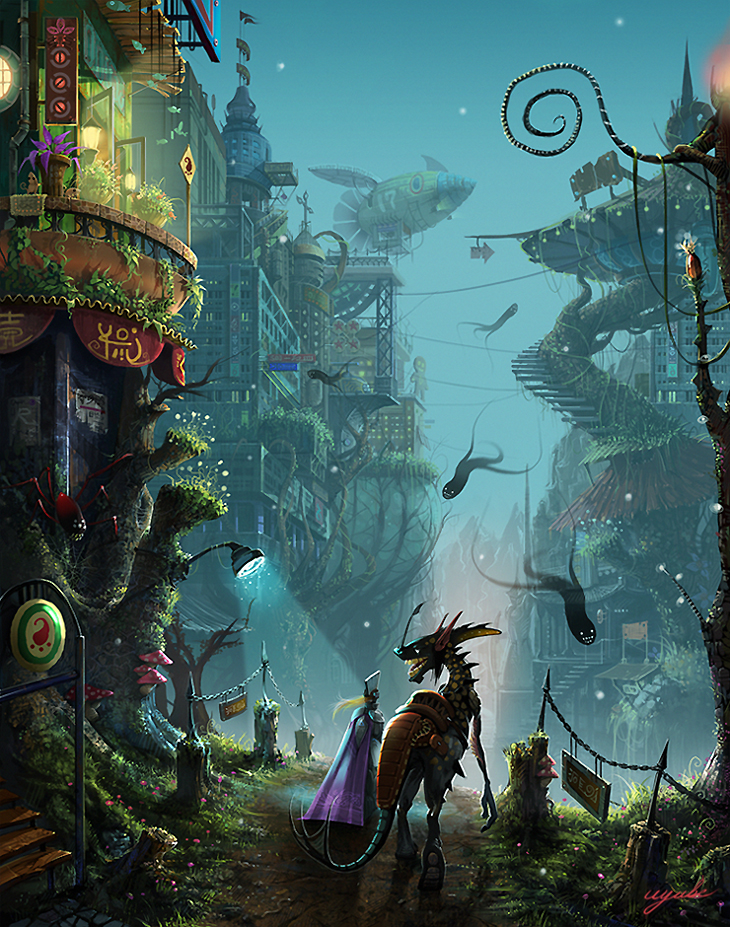 imkyoya, milkrain, original, bad id, bad pixiv id, aircraft, airship, armor, blonde hair, city, dinosaur, dirigible, fantasy, flying, long hair, spirit, tree