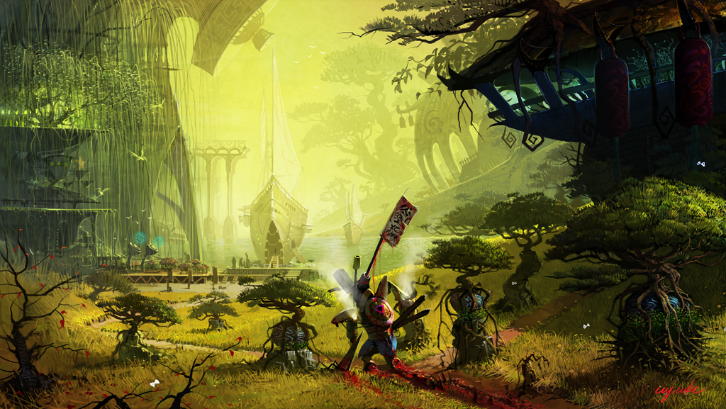 imkyoya, milkrain, original, bad id, bad pixiv id, armor, banner, bird, blood, fantasy, fountain, grass, plant, scenery, shield, ship, tree, water, watercraft