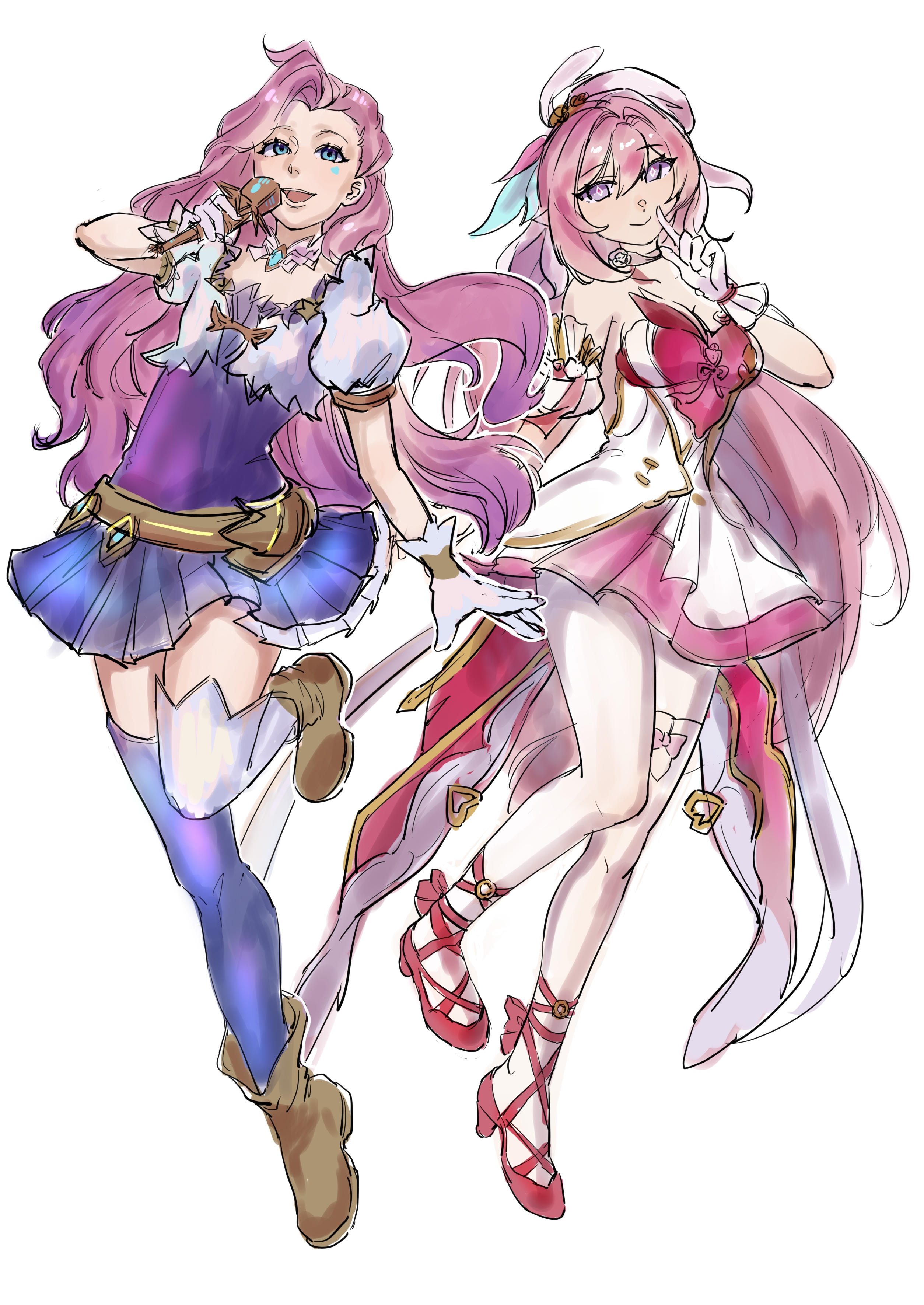 elysia (hi love elf) (honkai impact), elysia (honkai impact), seraphine (league of legends), honkai (series), honkai impact 3rd, league of legends, absurdres, chinese commentary, commentary request, highres, 2girls, bare shoulders, beret, blue dress, blue eyes, blue thighhighs, breasts, cleavage, color connection, diamond-shaped pupils, diamond (shape), dress, gloves, hair color connection, hat, high heels, holding, holding microphone, large breasts, long hair, microphone, multicolored dress, multicolored hair, multiple girls, pink dress, pink hair, purple eyes, qing lan se liuxing, red dress, symbol-shaped pupils, thighhighs, thighs, two-tone hair, very long hair, white dress, white gloves, white hair, white thighhighs