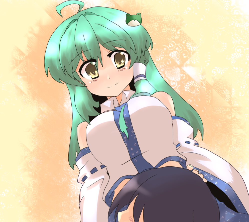akatoro (nightlord), kochiya sanae, touhou, 1girl, ahoge, detached sleeves, female focus, green hair, hair ornament, lap pillow, long hair, midriff, solo focus, yellow eyes