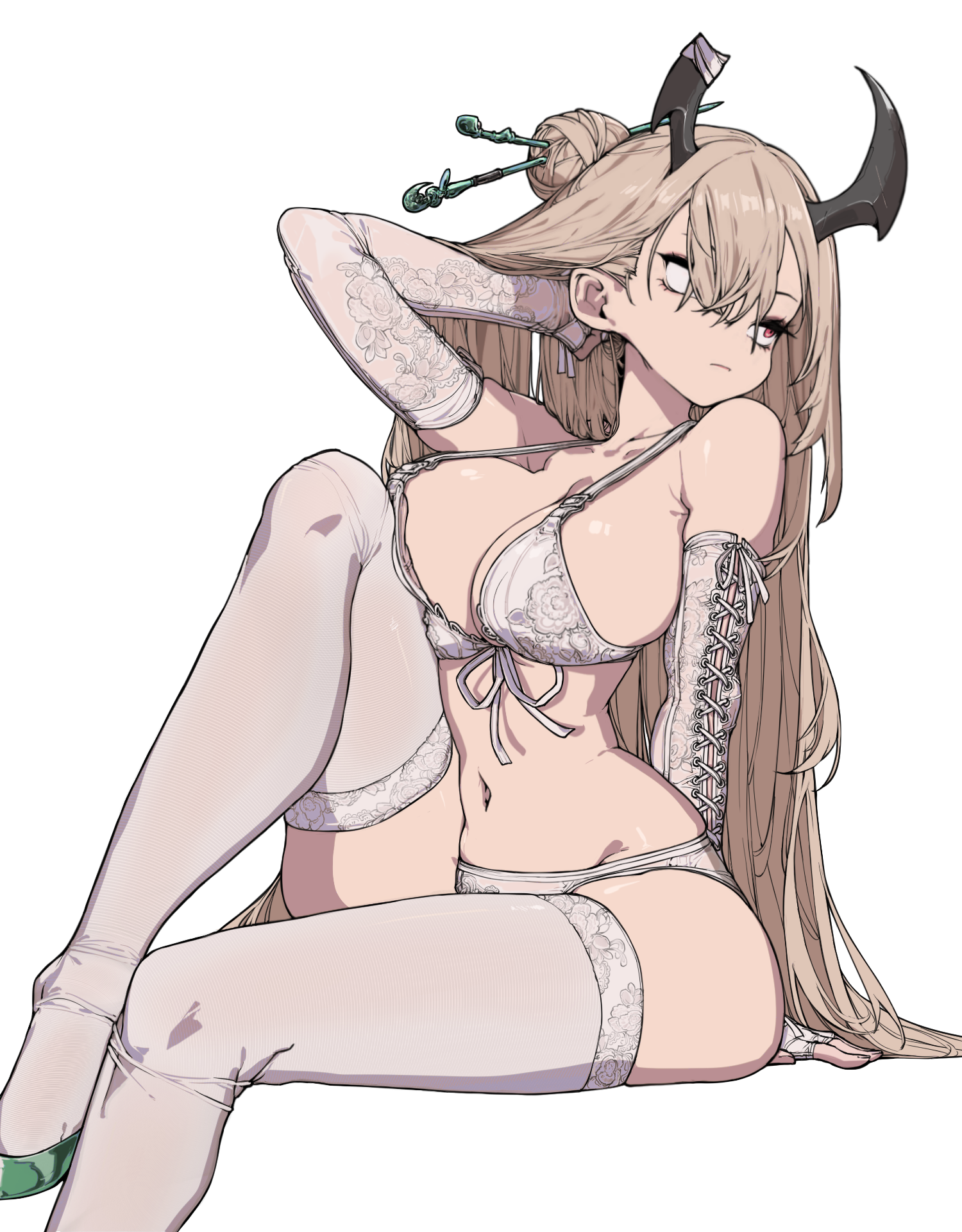happening18, original, commission, highres, second-party source, 1girl, bandaged horn, bare shoulders, blonde hair, bra, breasts, cleavage, collarbone, dragon horns, elbow gloves, fingerless gloves, front-tie bra, gloves, green shoes, hair between eyes, hair bun, hair ornament, hairpin, hand up, horns, invisible chair, knee up, large breasts, long hair, looking up, navel, panties, red eyes, shoes, simple background, sitting, solo, stomach, strap gap, thighhighs, underwear, underwear only, very long hair, white background, white bra, white gloves, white panties, white thighhighs