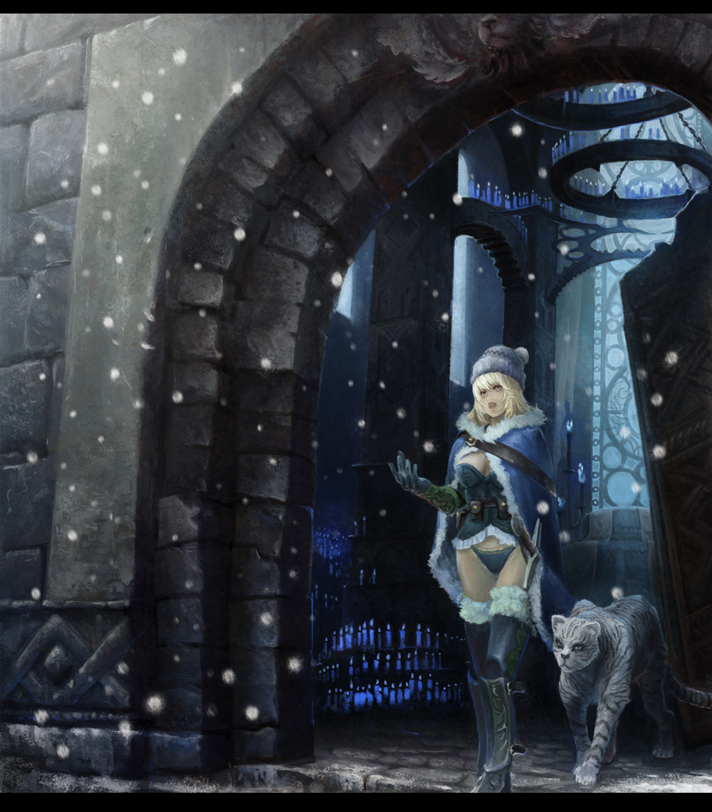 yansun, jill (yansun), original, the elder scrolls, the elder scrolls iv: oblivion, 1girl, animal, armor, beanie, blonde hair, boots, candle, cape, church, fantasy, female focus, gloves, greaves, hat, knee boots, leopard, letterboxed, panties, snow, snowing, solo, sword, thigh boots, thighhighs, underwear, weapon