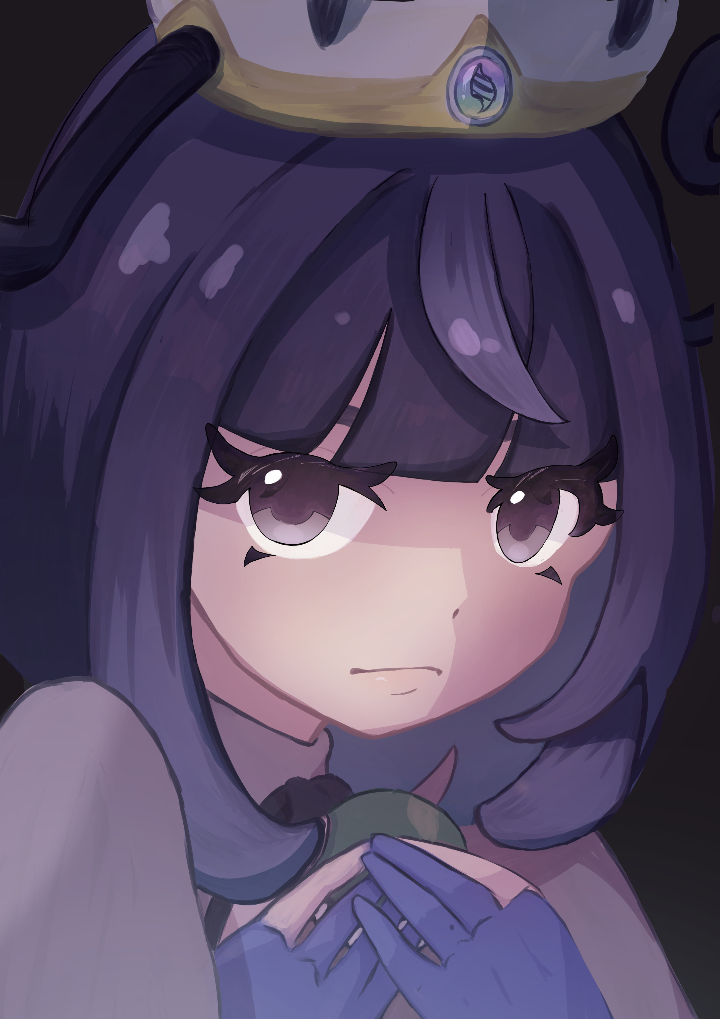 gwynn (pokemon), nintendo, pokemon, pokemon legends: z-a, absurdres, highres, 1girl, blue gloves, blunt bangs, bob cut, closed mouth, coat, eyelashes, gloves, looking at viewer, mega stone, mimikyu neko, partially fingerless gloves, purple eyes, purple hair, short hair, solo, upper body, white coat