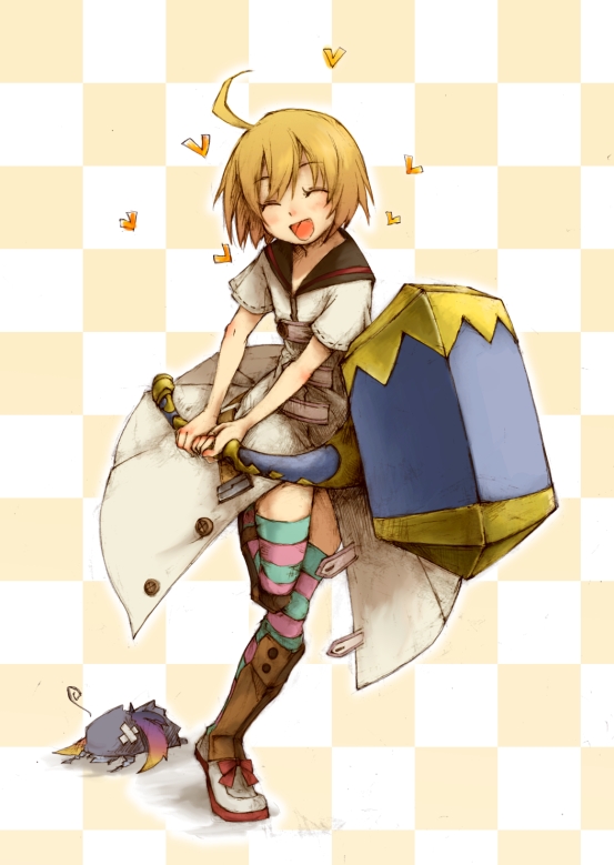 nemu (isaya), nemu (pixiv), curse maker, curse maker 2, medic (sekaiju), medic 2 (sekaiju), atlus, etrian odyssey, bad id, bad pixiv id, 2girls, ahoge, blonde hair, mace, multiple girls, skirt, smile, thighhighs, weapon