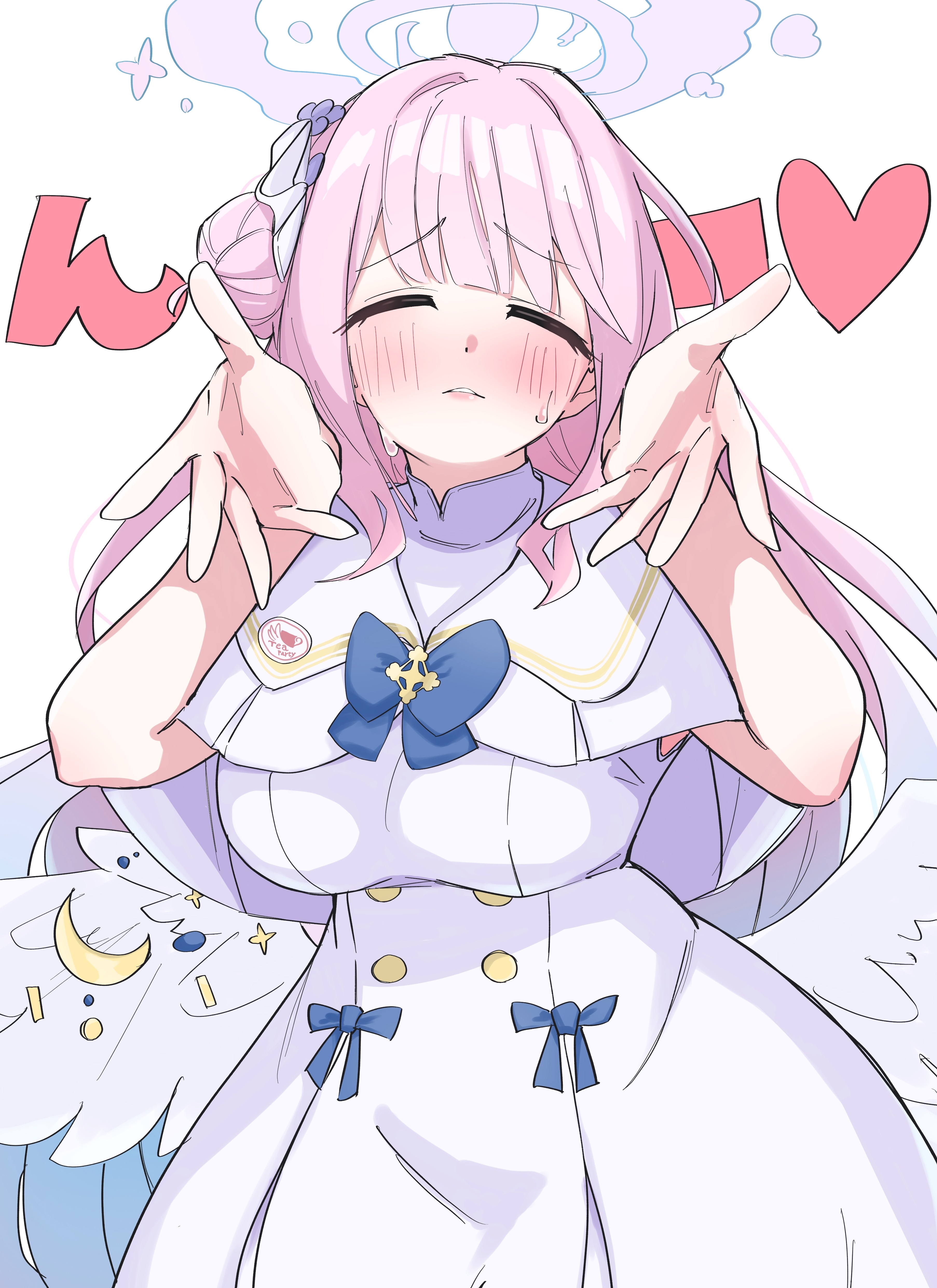 tovjiw6kok72805, mika (blue archive), blue archive, absurdres, highres, 1girl, bare arms, blue bow, blush, bow, breasts, buttons, capelet, closed eyes, cross, double-breasted, dress, facing viewer, feathered wings, hair bun, halo, heart, heart background, large breasts, long hair, looking at viewer, low wings, pink hair, pink halo, pov, reaching, reaching towards viewer, ribbon, school uniform, sidelocks, simple background, single hair bun, single side bun, smile, solo, solo focus, sweat, very long hair, white background, white capelet, white dress, white wings, wings
