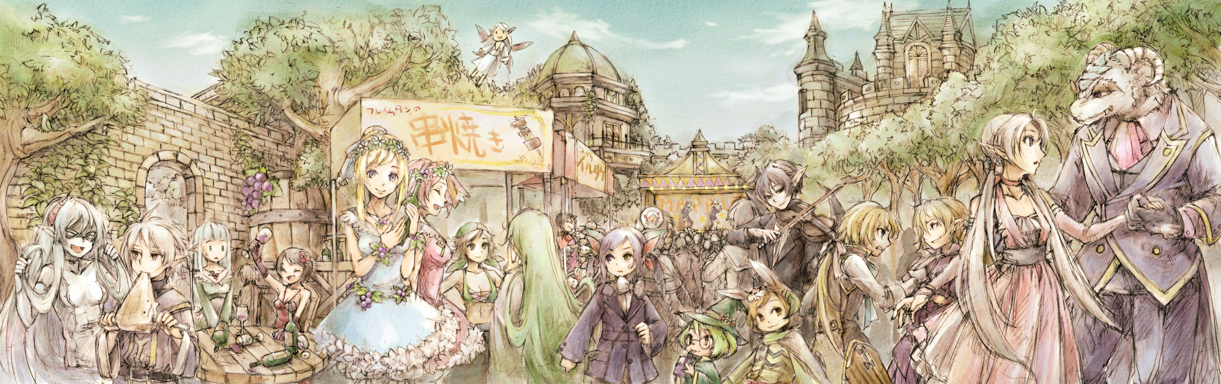 nemu (isaya), nemu (pixiv), pixiv fantasia, pixiv fantasia 2, highres, long image, wide image, 6+boys, 6+girls, alcohol, animal ears, blonde hair, blue hair, dress, elf, fantasy, festival, flower, food, formal clothes, hair bun, hat, helmet, horns, multiple boys, multiple girls, pointy ears, ribbon, single hair bun, twintails, wine, witch hat