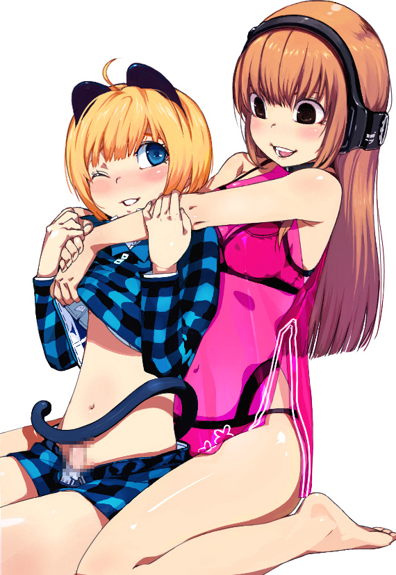 muramurakimi, baek changpo, cuilan, senkou no ronde, 1boy, 1girl, ahoge, androgynous, animal ears, bare shoulders, barefoot, blonde hair, blue eyes, blush, bra, breasts, brown eyes, brown hair, cat ears, cat tail, censored, cleavage, dress, fake animal ears, halterneck, happy, headphones, hetero, hug, hug from behind, lingerie, long hair, mosaic censoring, navel, nose blush, one eye closed, open mouth, pajamas, penis, see-through clothes, short dress, shorts, shota, simple background, sitting, small penis, smile, strapless, strapless bra, tail, trap, underwear, undressing, wariza, white background, wince, wink
