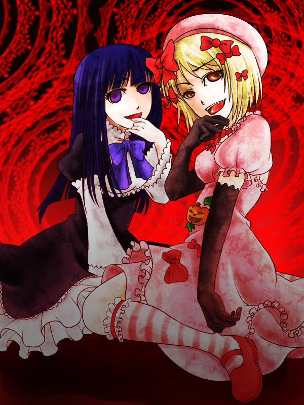 misumi kouji, misumikouji, frederica bernkastel, lambdadelta, umineko no naku koro ni, striped legwear, bad id, bad pixiv id, 00s, 2girls, hat, multiple girls, pink hat, socks, striped clothes, striped socks
