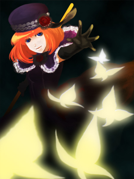 misumi kouji, misumikouji, eva beatrice, umineko no naku koro ni, bad id, bad pixiv id, 00s, bug, butterfly, elbow gloves, gloves, hat, insect, orange hair, solo