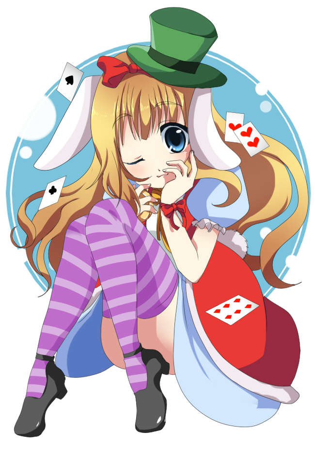 isuka, original, striped, bad id, bad pixiv id, animal ears, blonde hair, blue eyes, card, floating card, hat, one eye closed, ribbon, solo, thighhighs, wink