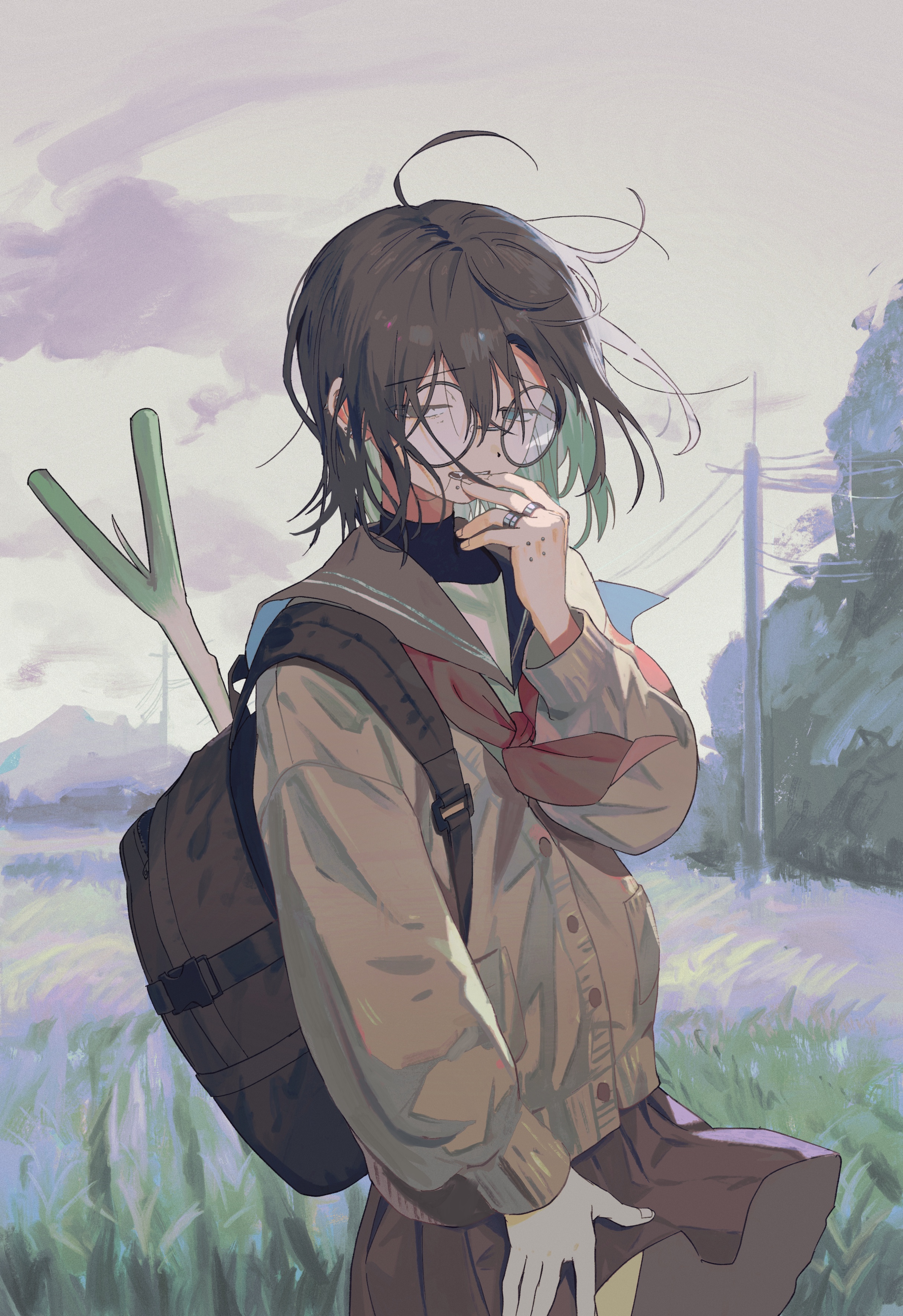 dobunomeme, original, absurdres, commentary, highres, symbol-only commentary, 1girl, ahoge, backpack, bag, biting, blurry, blurry background, brown cardigan, brown hair, brown skirt, cardigan, colored inner hair, cowboy shot, dark skin, field, food, glasses, green eyes, green hair, grey sky, half-closed eyes, long sleeves, looking at viewer, messy hair, multicolored hair, nail biting, neckerchief, outdoors, red neckerchief, short hair, skirt, sky, solo, spring onion, tree, utility pole