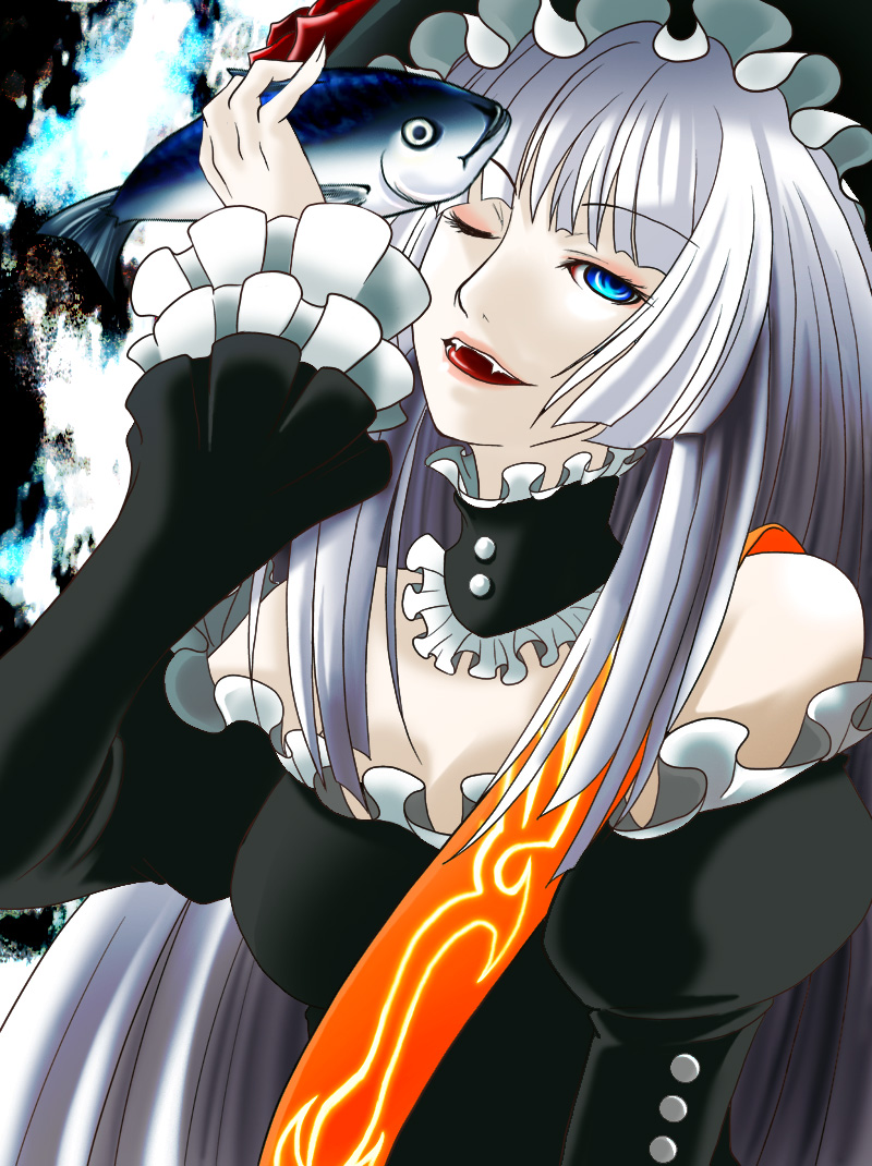 misumi kouji, misumikouji, virgilia (umineko), umineko no naku koro ni, silver hair, 00s, blue eyes, dress, fangs, fish, hat, hime cut, one eye closed, solo, wink