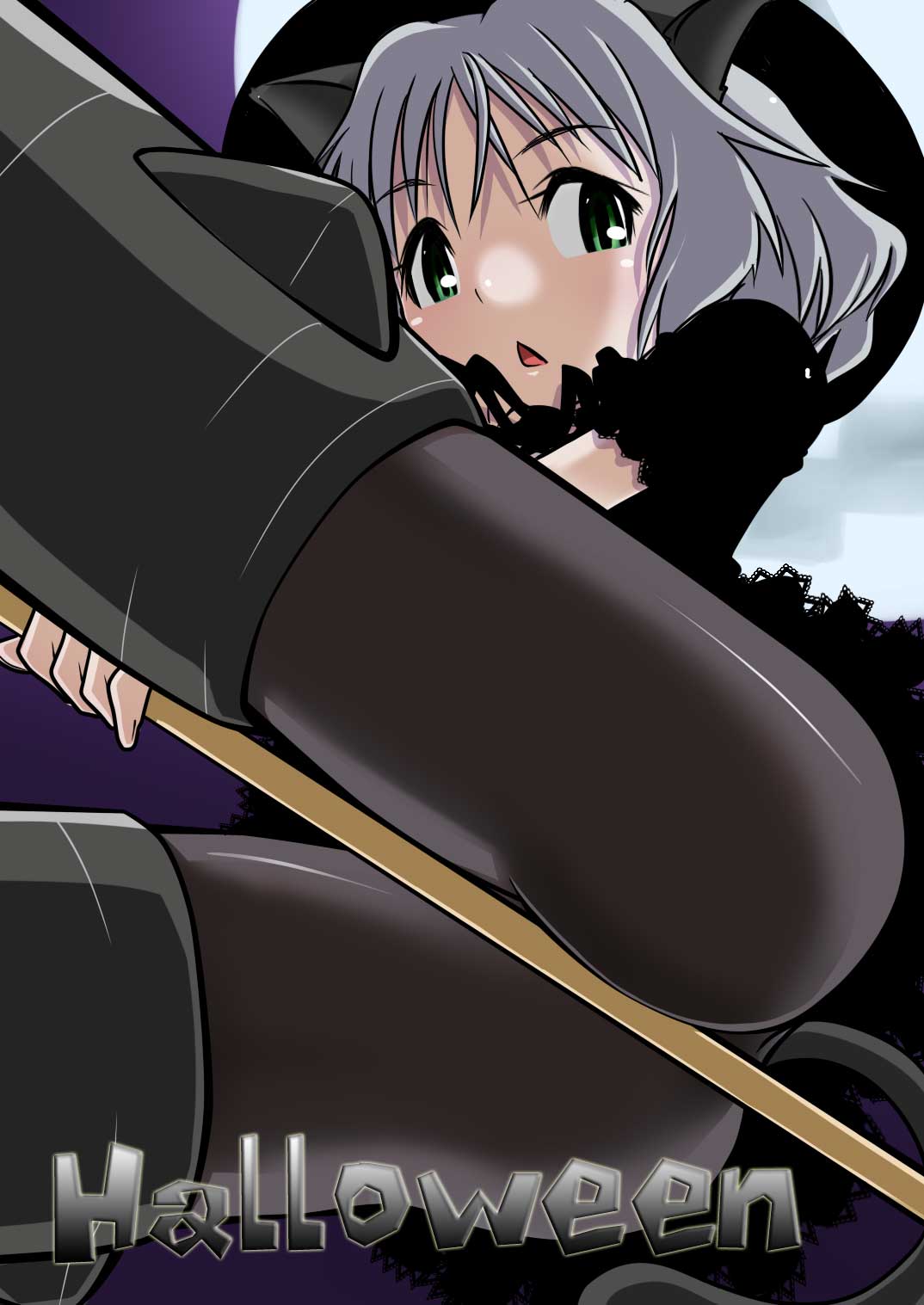 taku-tama, sanya v. litvyak, strike witches, world witches series, highres, 00s, 1girl, animal ears, ass, black pantyhose, cameltoe, female focus, from below, green eyes, halloween, hat, open mouth, pantyhose, solo, tail, white hair, witch, witch hat